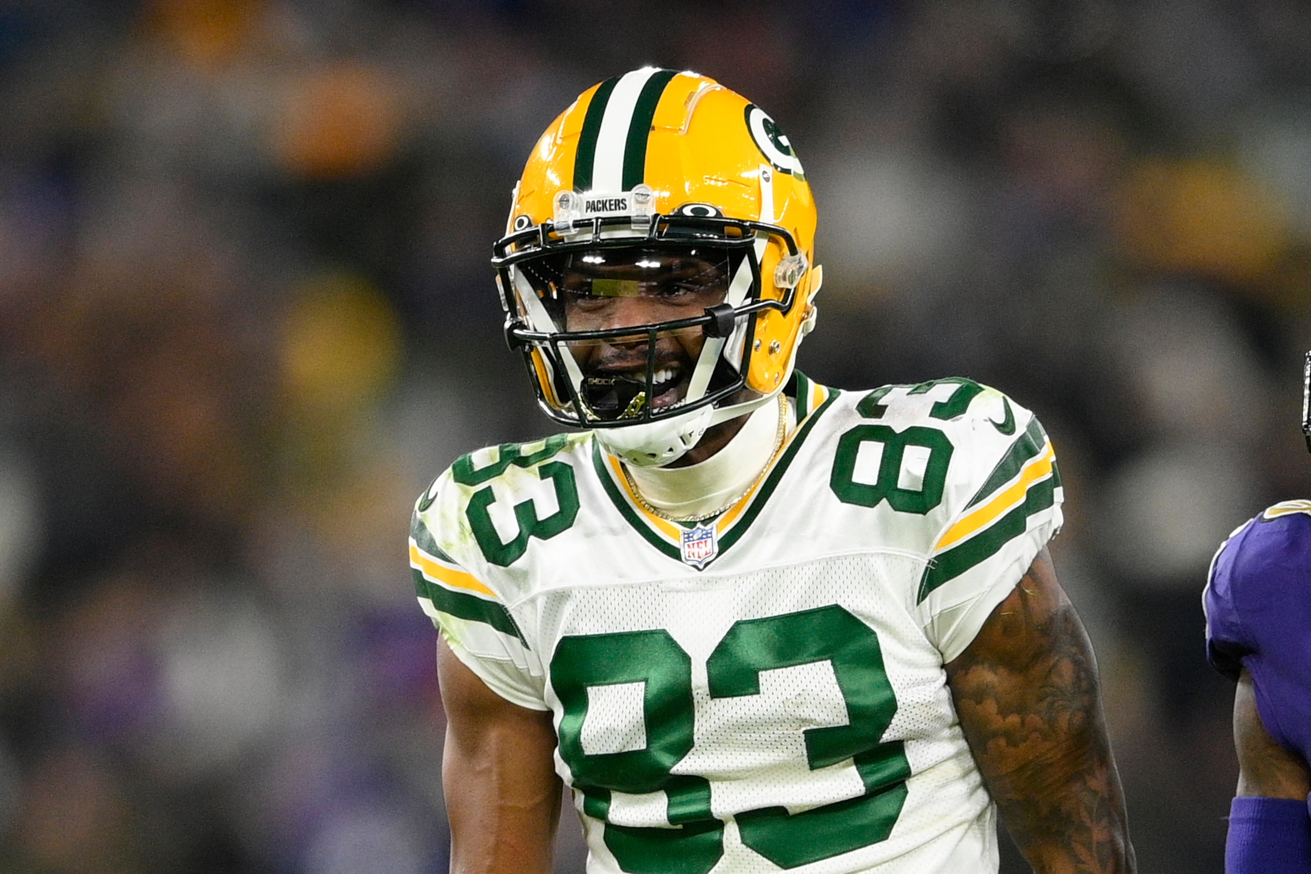 Green Bay Packers wide receiver Marquez Valdes-Scantling (83) reacts in the second half of an NFL football game against the Baltimore Ravens, Sunday, Dec. 19, 2021, in Baltimore. (AP Photo/Nick Wass)