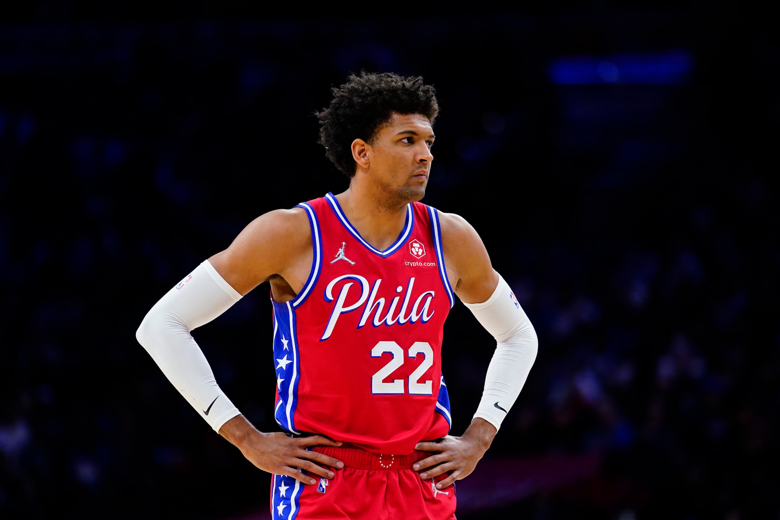 Philadelphia 76ers' Matisse Thybulle plays during an NBA basketball game, Monday, March 14, 2022, in Philadelphia. (AP Photo/Matt Slocum)