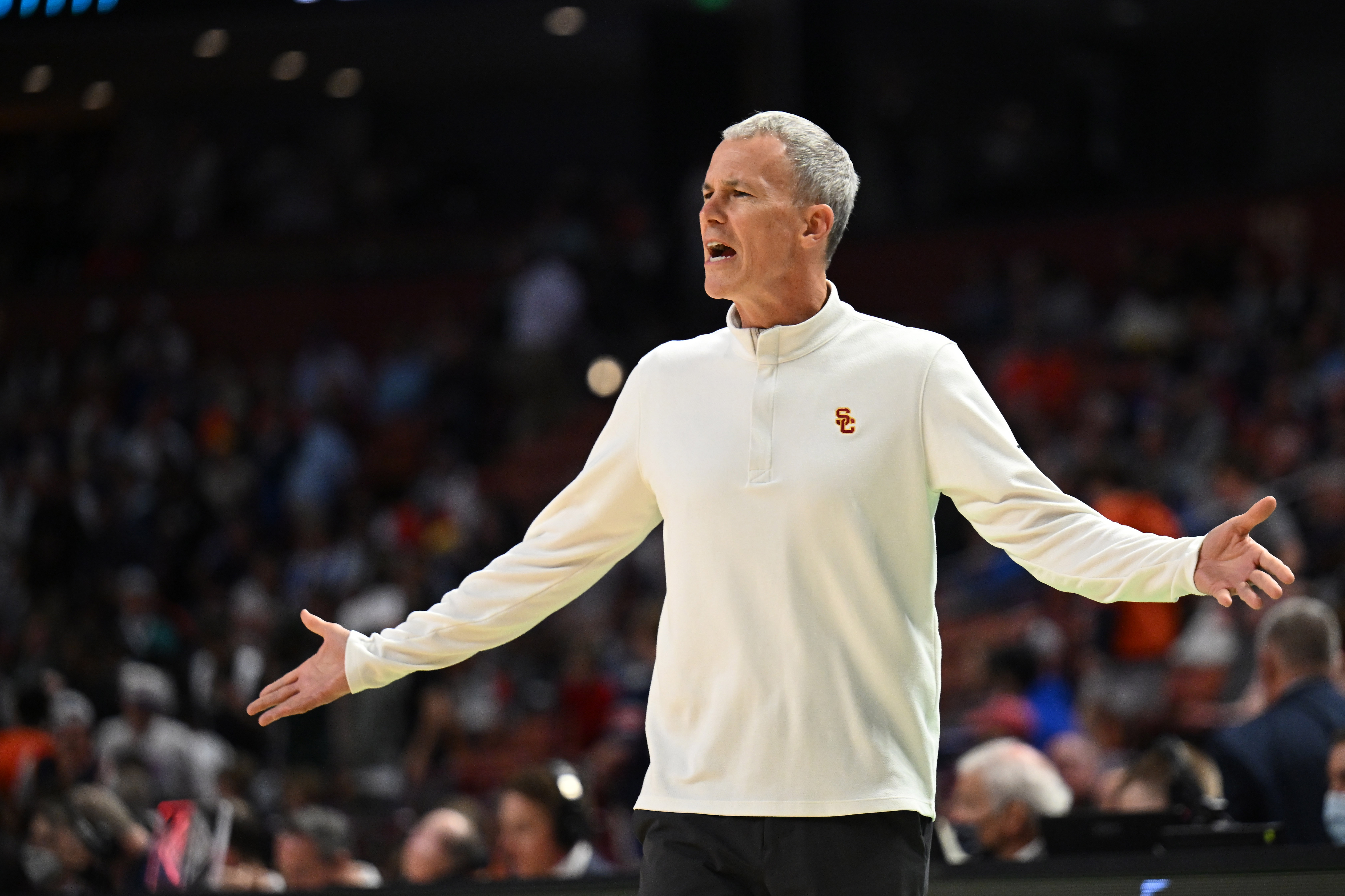 GREENVILLE, SC - MARCH 18: Head coach Andy Enfield of the USC Trojans reacts to the action against the Miami Hurricanes during the first round of the 2022 NCAA Men's Basketball Tournament held at Bon Secours Wellness Arena on March 18, 2022 in Greenville, South Carolina. (Photo by Grant Halverson/NCAA Photos via Getty Images)