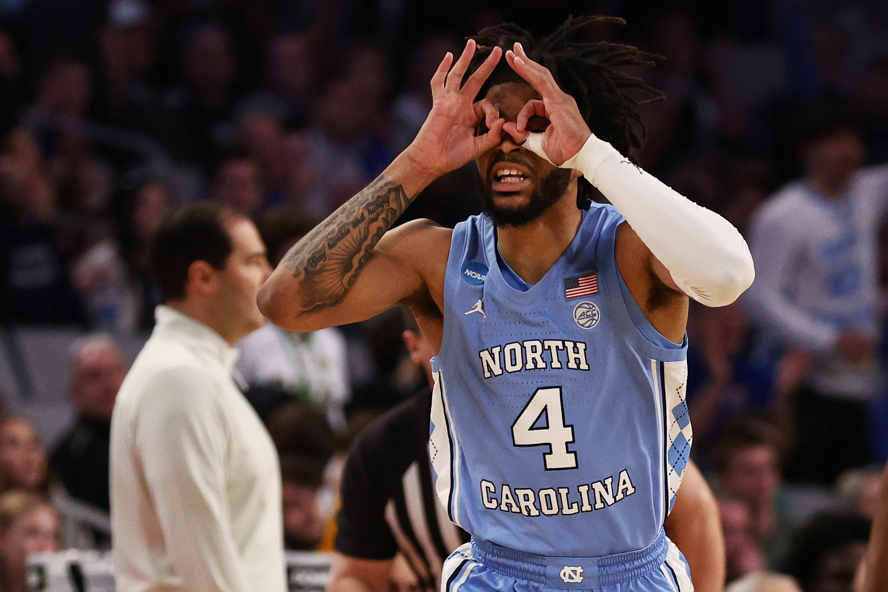 FORT WORTH, TEXAS - MARCH 19: R.J. Davis #4 of the North Carolina Tar Heels reacts after scoring three points in the first half of the game against the Baylor Bears during the second round of the 2022 NCAA Men's Basketball Tournament at Dickies Arena on March 19, 2022 in Fort Worth, Texas. (Photo by Tom Pennington/Getty Images)