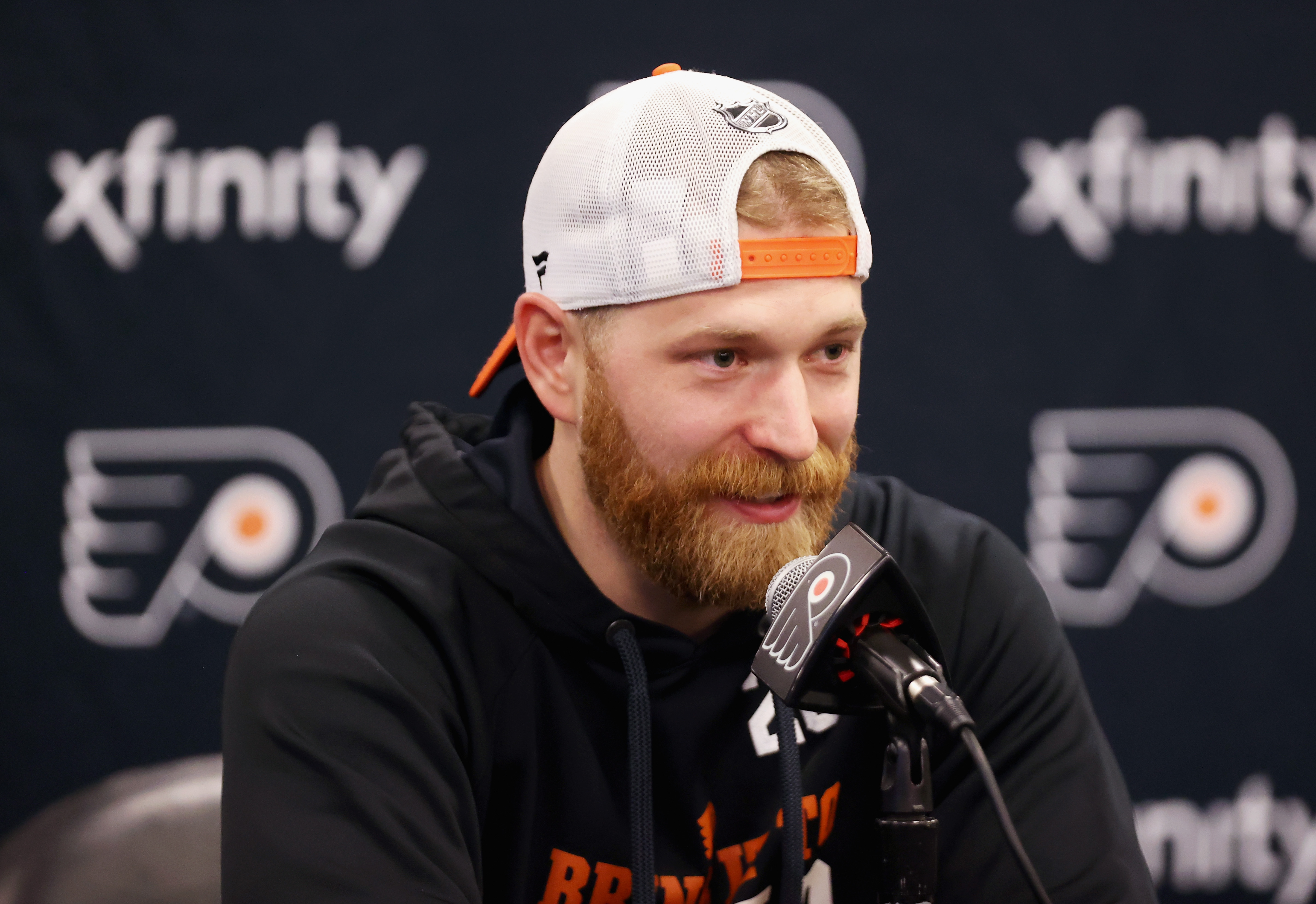 PHILADELPHIA, PA - MARCH 17: Claude Giroux #28 of the Philadelphia Flyers speaks to members of the media after defeating the Nashville Predators 5-4 at the Wells Fargo Center on March 17, 2022 in Philadelphia, Pennsylvania. Tonight's game was the 1,000th of Giroux's NHL career, as well as the 1,000th game as a member of the Philadelphia Flyers. (Photo by Len Redkoles/NHLI via Getty Images)