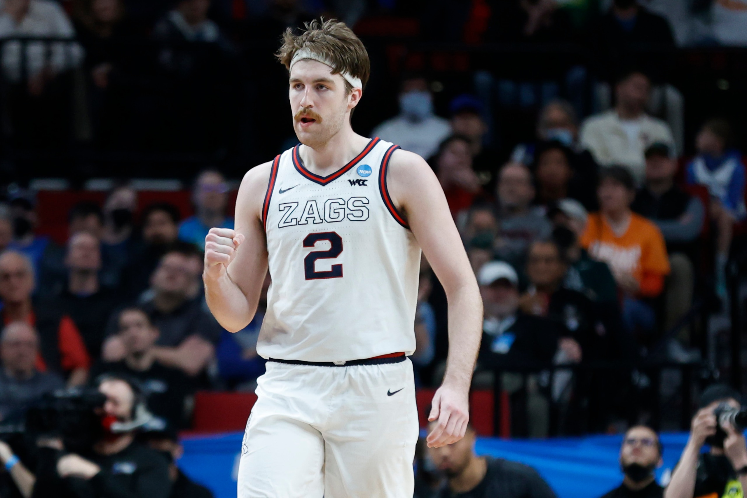 Gonzaga forward Drew Timme (2) reacts during the second half of a second-round NCAA college basketball tournament game against Memphis, Saturday, March 19, 2022, in Portland, Ore. (AP Photo/Craig Mitchelldyer)