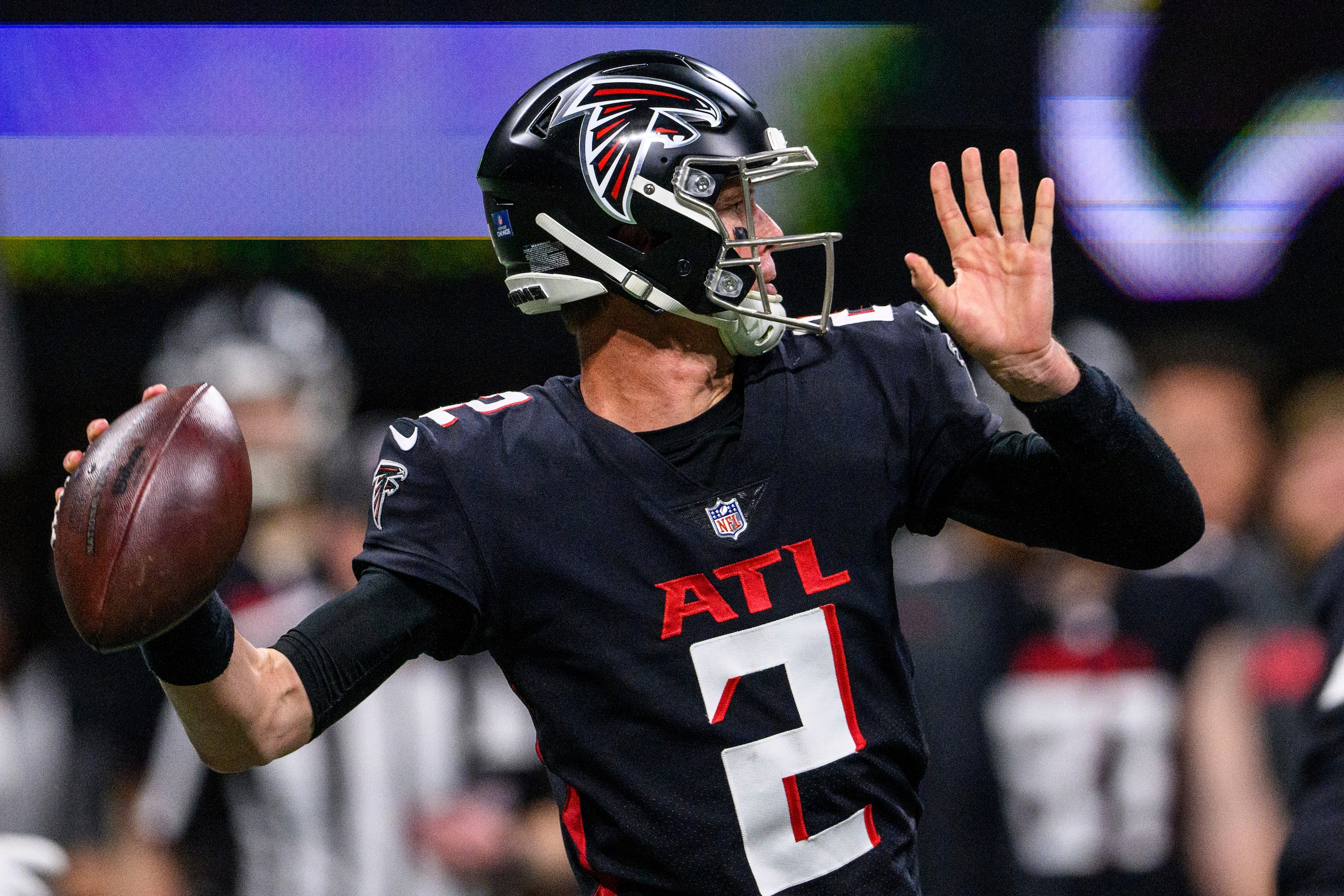 Atlanta Falcons quarterback Matt Ryan (2) throws during the first half of an NFL football game against the New Orleans Saints, Sunday, Jan. 9, 2022, in Atlanta. The New Orleans Saints won 30-20. (AP Photo/Danny Karnik) Atlanta Falcons quarterback Matt Ryan (2) throws during the first half of an NFL football game against the New Orleans Saints, Sunday, Jan. 9, 2022, in Atlanta. The New Orleans Saints won 30-20. (AP Photo/Danny Karnik)