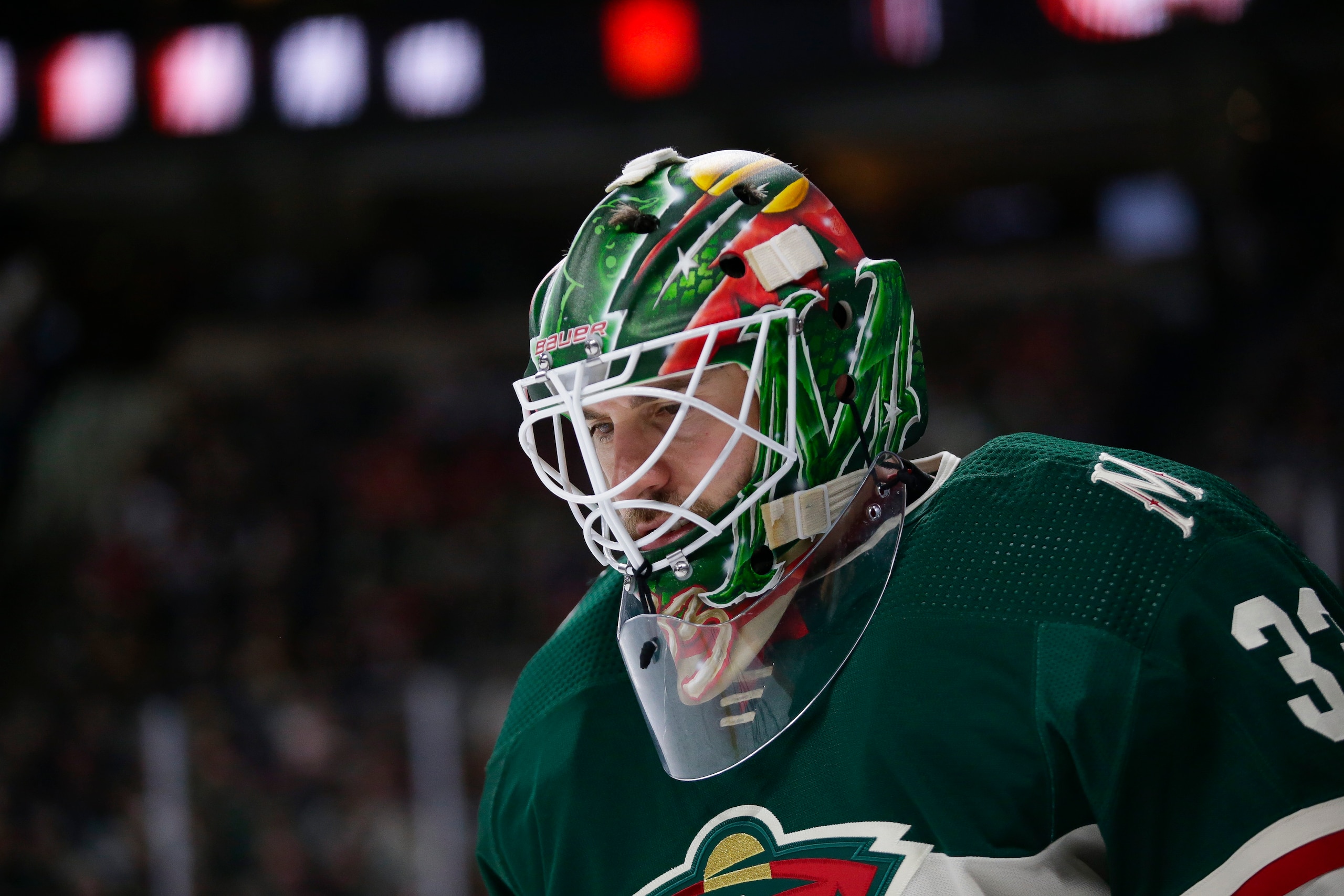 Minnesota Wild goaltender Cam Talbot looks on during an NHL hockey game against the Chicago Blackhawks Saturday, March 19, 2022, in St. Paul, Minn. (AP Photo/Andy Clayton-King)