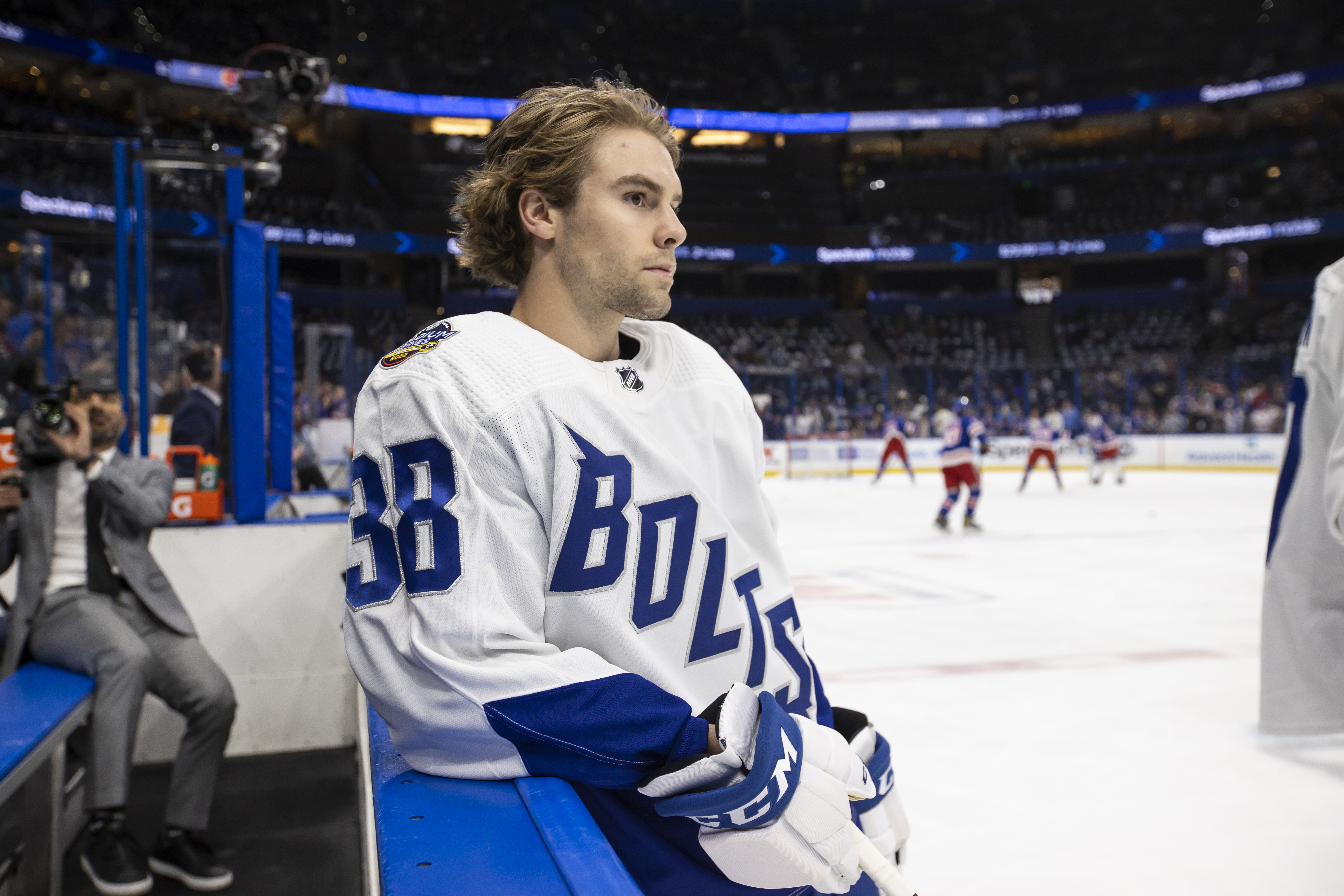 TAMPA, FL - MARCH 19: Brandon Hagel #38 of the Tampa Bay Lightning during the pregame warmups against the New York Rangers at Amalie Arena on March 19, 2022 in Tampa, Florida. (Photo by Mark LoMoglio/NHLI via Getty Images)
