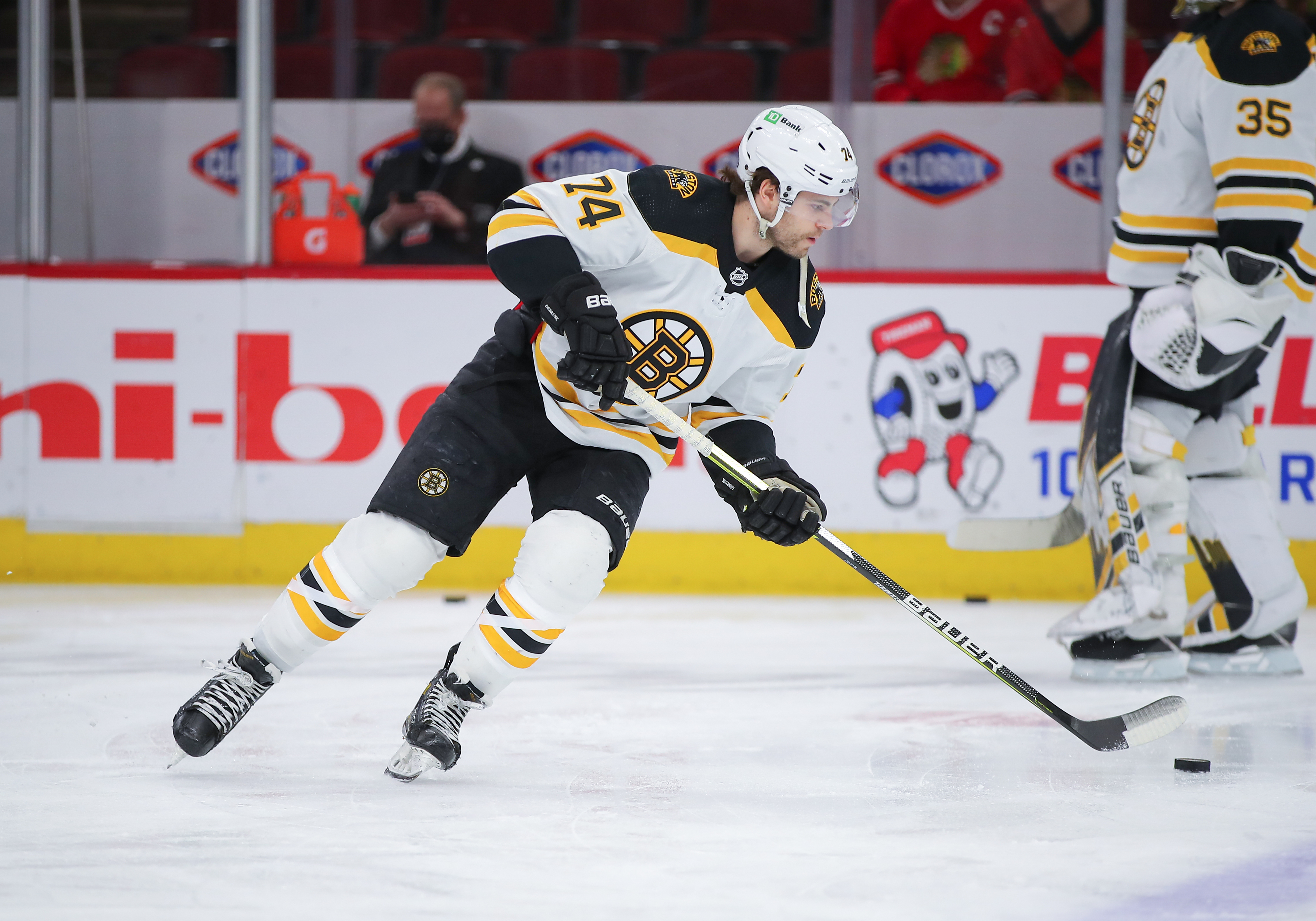 CHICAGO, IL - MARCH 15: Boston Bruins left wing Jake DeBrusk (74) skates with the puck in action during warm-ups before a game between the Boston Bruins and the Chicago Blackhawks on March 15, 2022 at the United Center in Chicago, IL. (Photo by Melissa Tamez/Icon Sportswire via Getty Images)
