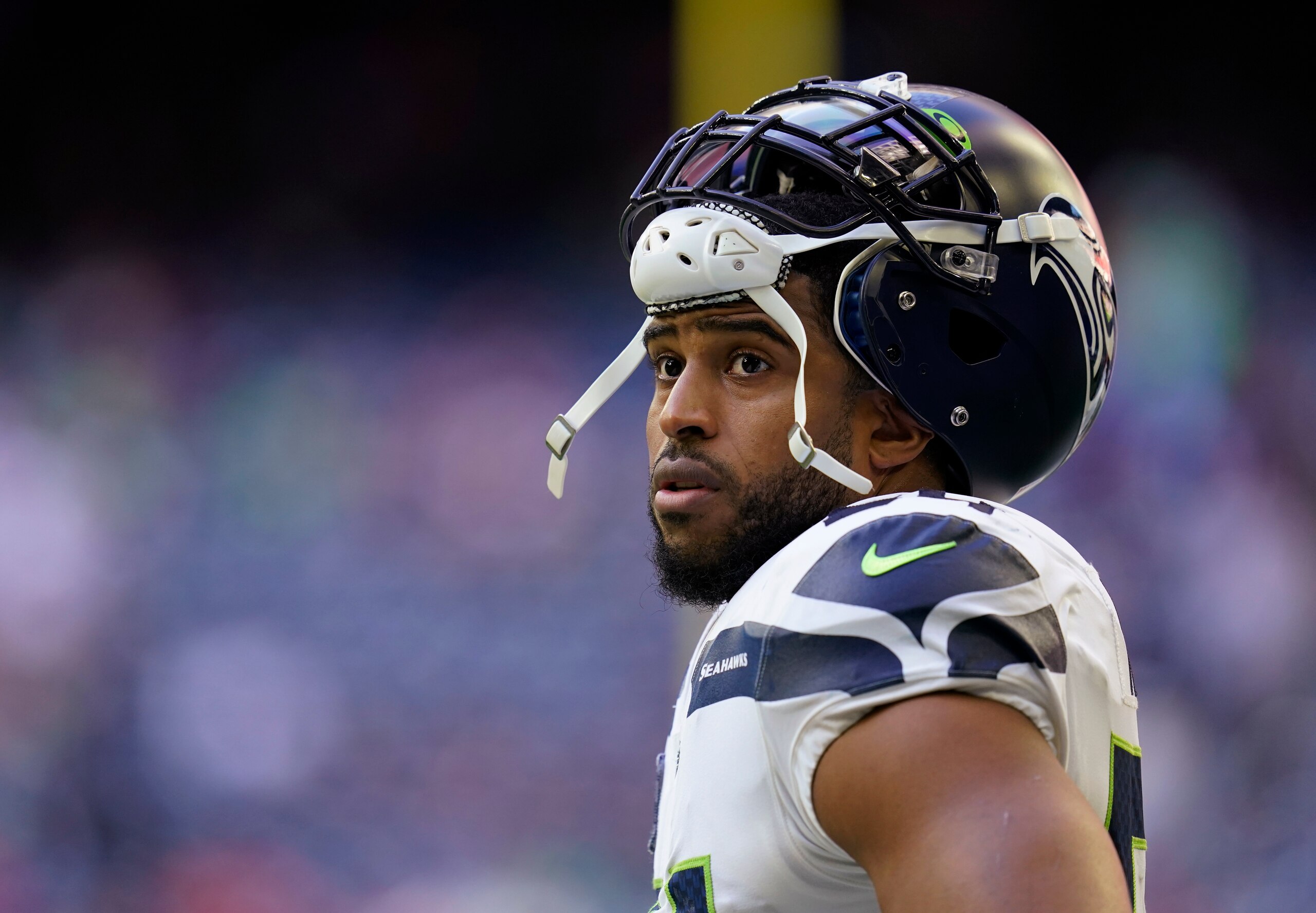 FILE - Seattle Seahawks linebacker Bobby Wagner pauses during the team's NFL football game against the Houston Texans on Dec. 12, 2021, in Houston. Wagner has been informed he is being released by Seattle. Wagner confirmed the news to The Associated Press on Tuesday night, March 8, 2022, hours after the team agreed to trade quarterback Russell Wilson to Denver. Seattle is expected to make Wagner's release official Wednesday. (AP Photo/Matt Patterson, File)