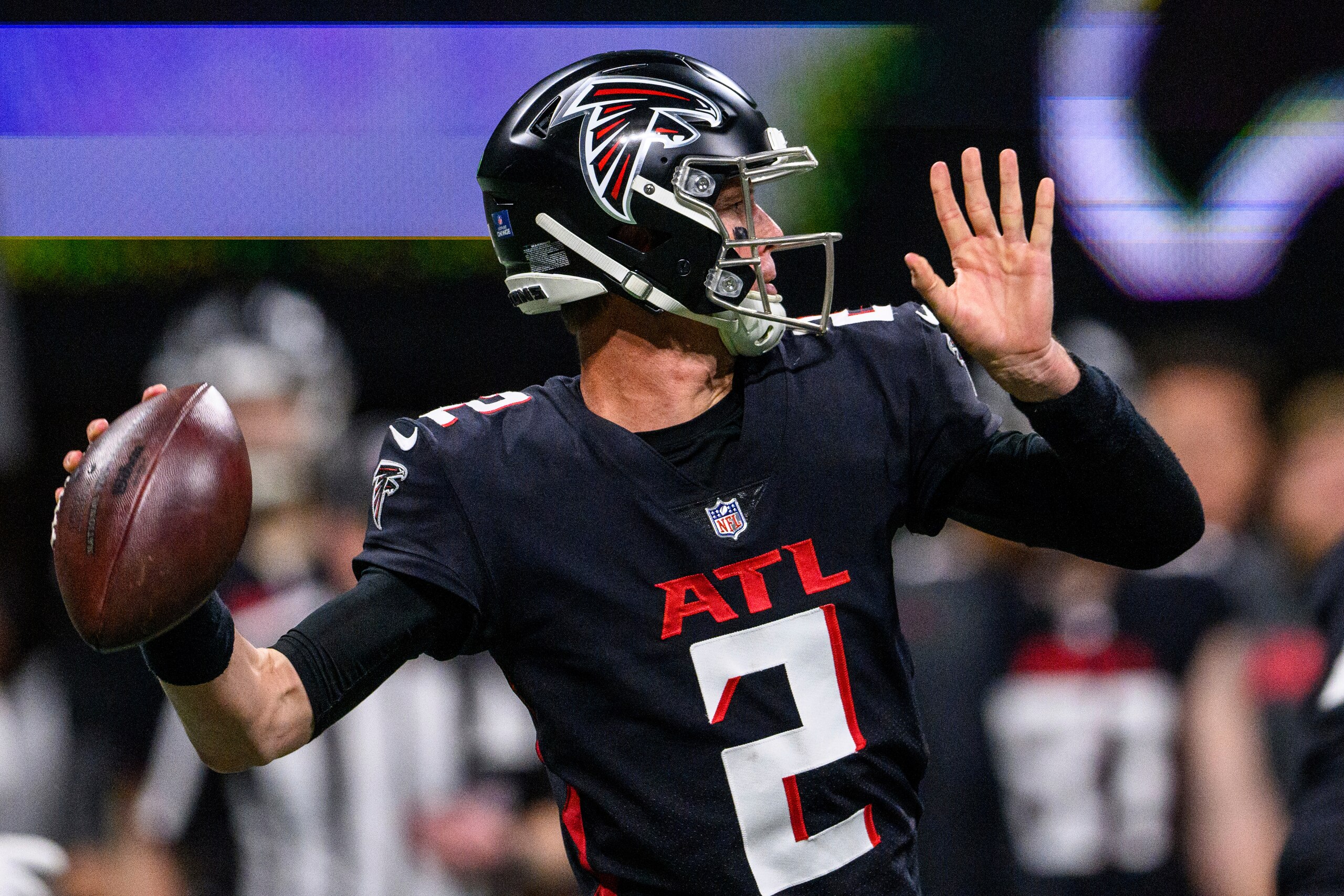 Atlanta Falcons quarterback Matt Ryan (2) throws during the first half of an NFL football game against the New Orleans Saints, Sunday, Jan. 9, 2022, in Atlanta. The New Orleans Saints won 30-20. (AP Photo/Danny Karnik)