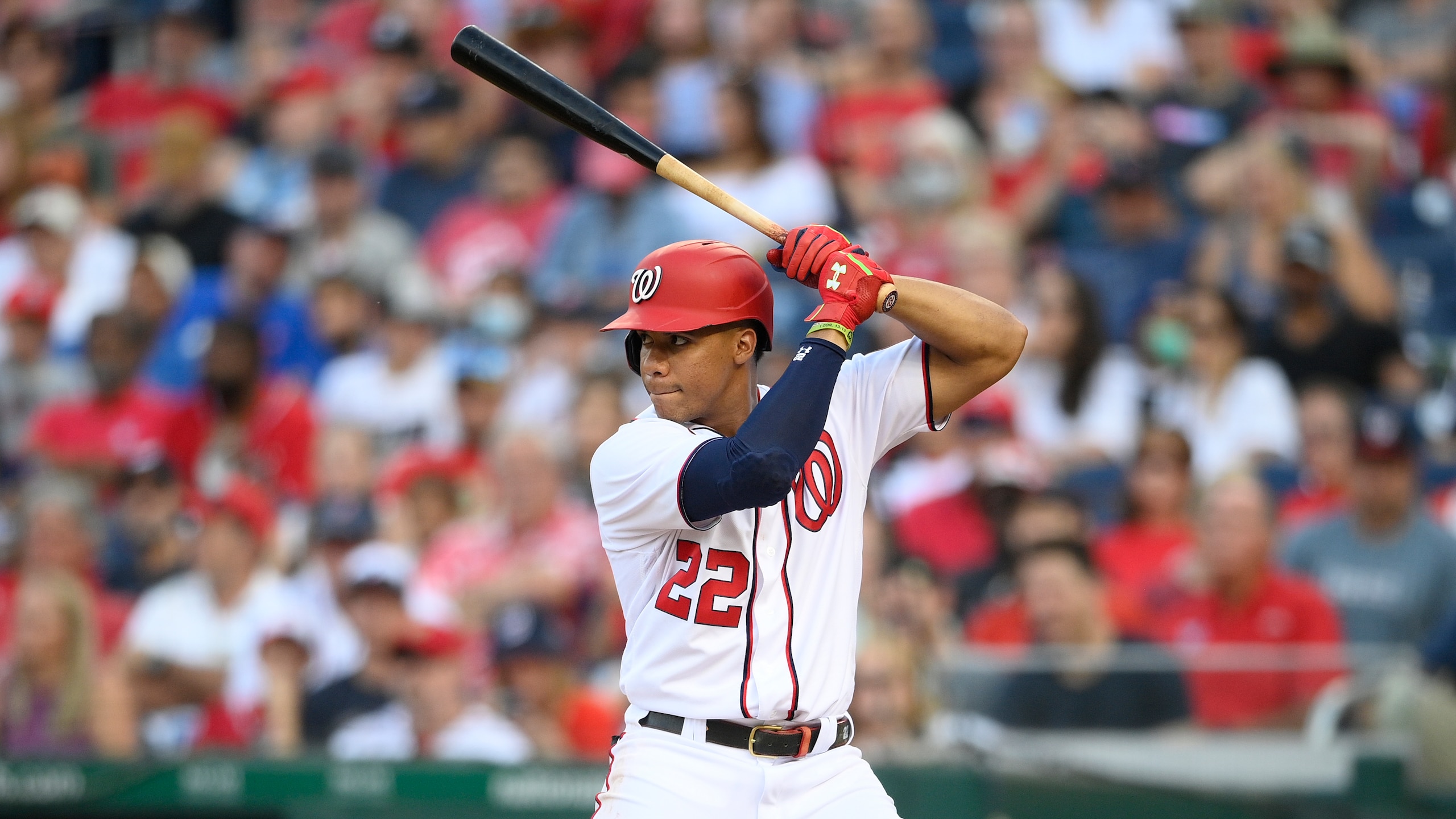 Washington Nationals' Juan Soto bats during a baseball game against the Boston Red Sox, Sunday, Oct. 3, 2021, in Washington. The Red Sox won 7-5. (AP Photo/Nick Wass) Washington Nationals' Juan Soto bats during a baseball game against the Boston Red Sox, Sunday, Oct. 3, 2021, in Washington. The Red Sox won 7-5. (AP Photo/Nick Wass)