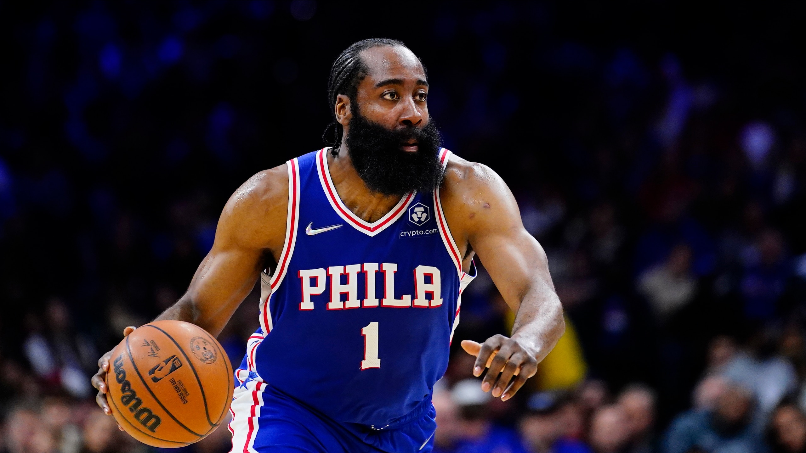 Philadelphia 76ers' James Harden plays during an NBA basketball game, Sunday, March 20, 2022, in Philadelphia. (AP Photo/Matt Slocum)