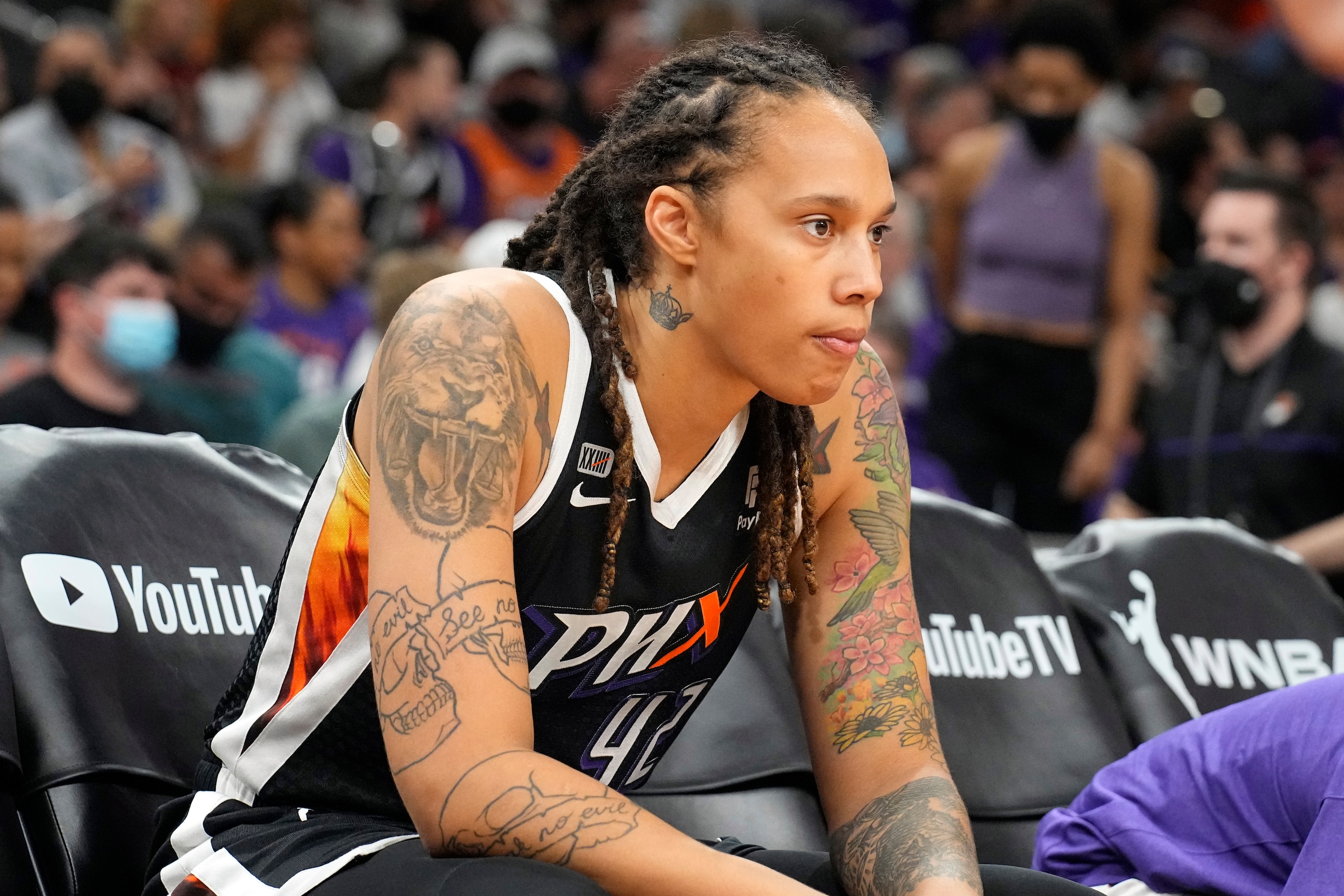 Phoenix Mercury center Brittney Griner (42) during the first half of Game 2 of basketball's WNBA Finals against the Chicago Sky, Wednesday, Oct. 13, 2021, in Phoenix. (AP Photo/Rick Scuteri)