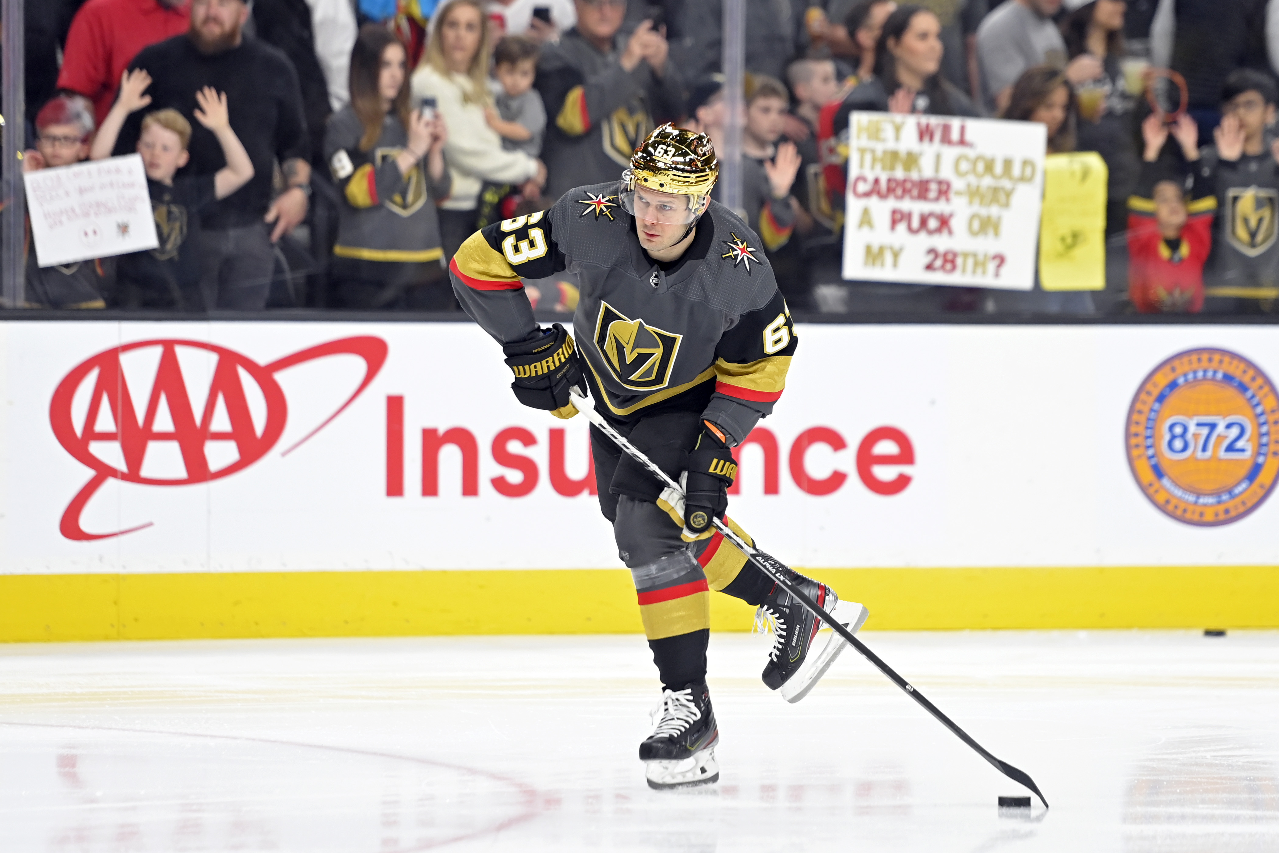 LAS VEGAS, NEVADA - MARCH 19: Evgenii Dadonov #63 of the Vegas Golden Knights warms up before a game against the Los Angeles Kings at T-Mobile Arena on March 19, 2022 in Las Vegas, Nevada. (Photo by David Becker/NHLI via Getty Images)