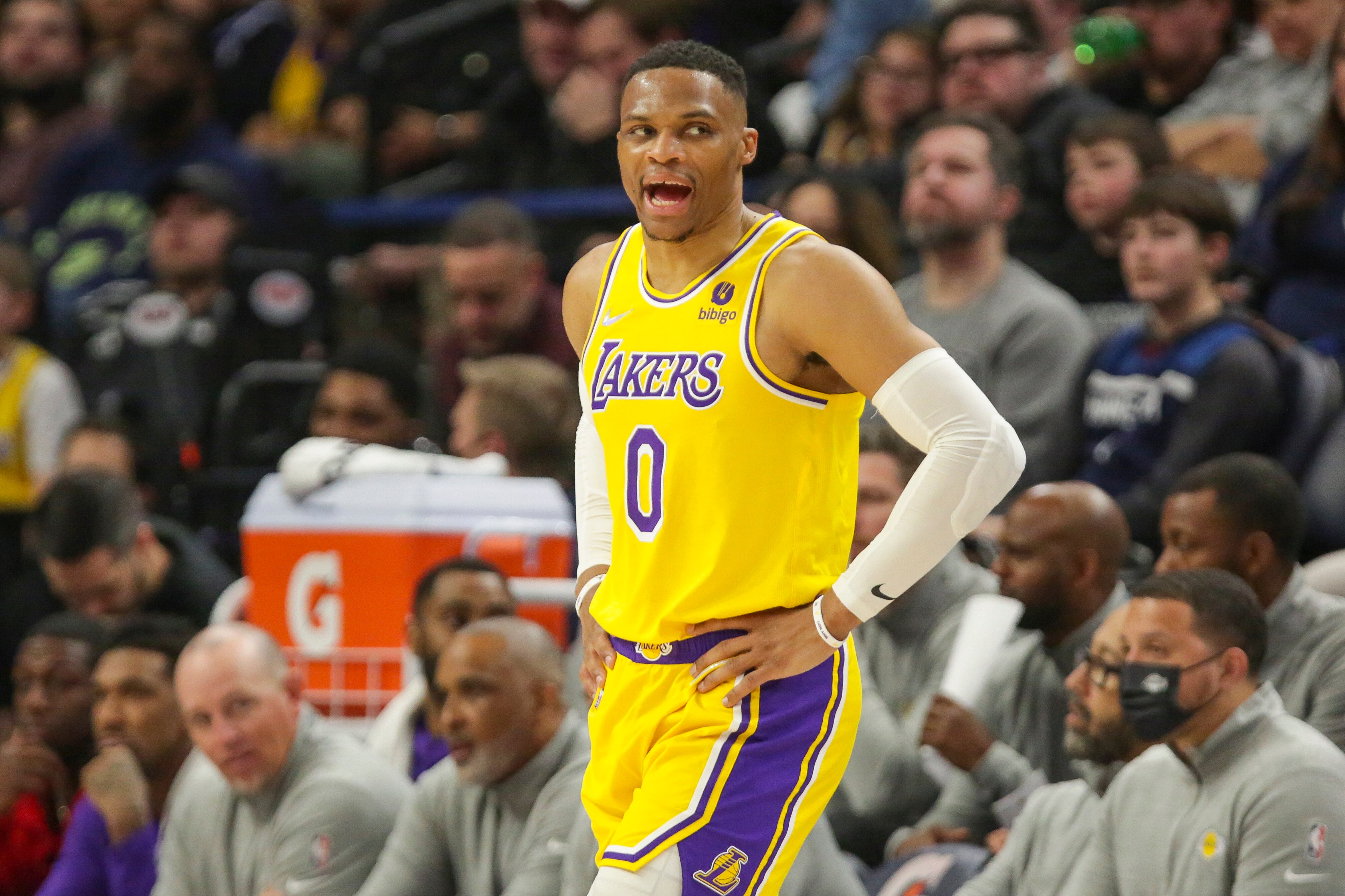 Los Angeles Lakers guard Russell Westbrook yells during an NBA basketball game against the Minnesota Timberwolves Wednesday, March 16, 2022, in Minneapolis. (AP Photo/Andy Clayton-King) Los Angeles Lakers guard Russell Westbrook yells during an NBA basketball game against the Minnesota Timberwolves Wednesday, March 16, 2022, in Minneapolis. (AP Photo/Andy Clayton-King)