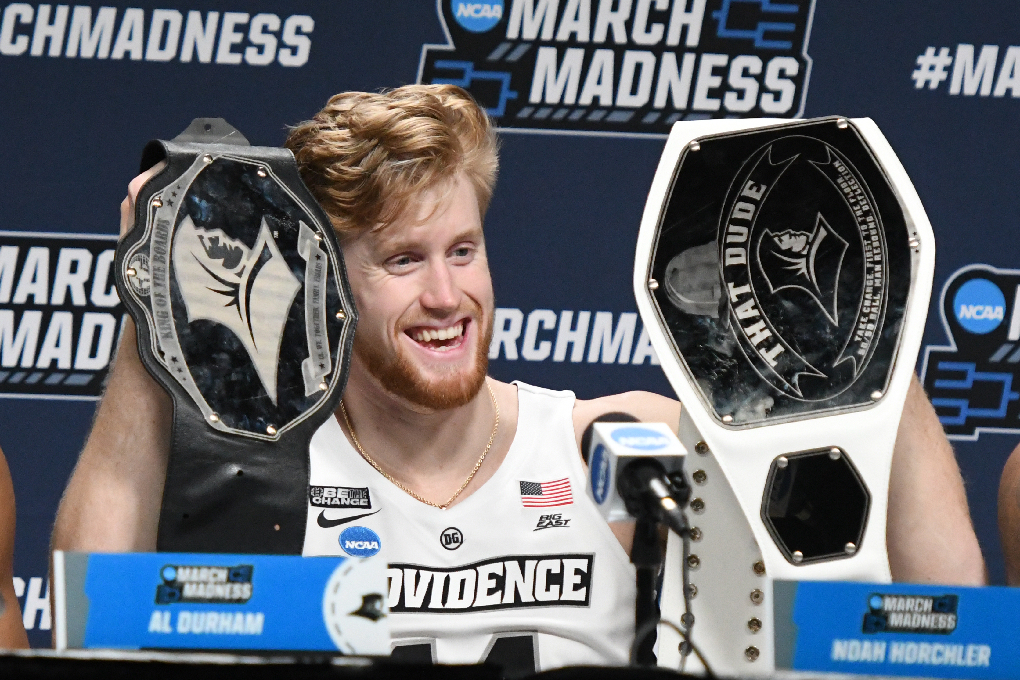 BUFFALO, NEW YORK - MARCH 19: Noah Horchler #14 of the Providence addresses the media of the second round game of the 2022 NCAA Men's Basketball Tournament against the Richmond Spiders at KeyBank Center on March 19, 2022 in Buffalo, New York. (Photo by Mitchell Layton/Getty Images)