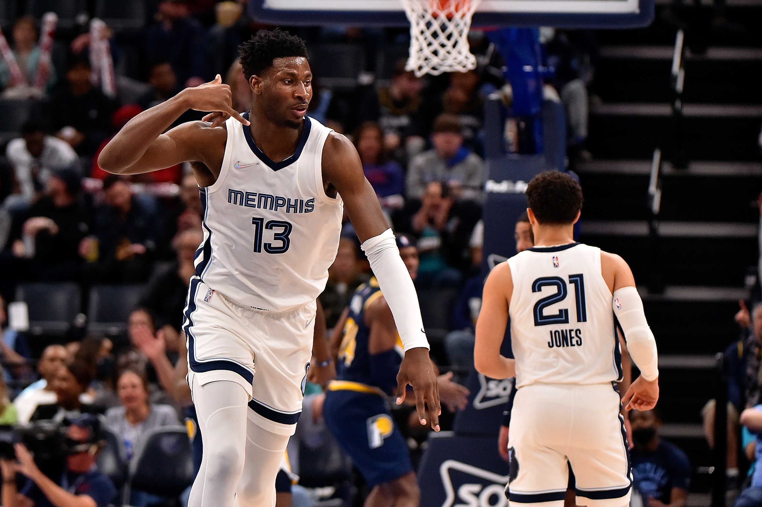 MEMPHIS, TENNESSEE - MARCH 24: Jaren Jackson Jr. #13 of the Memphis Grizzlies reacts during the first half against the Indiana Pacers at FedExForum on March 24, 2022 in Memphis, Tennessee. NOTE TO USER: User expressly acknowledges and agrees that , by downloading and or using this photograph, User is consenting to the terms and conditions of the Getty Images License Agreement. (Photo by Justin Ford/Getty Images)