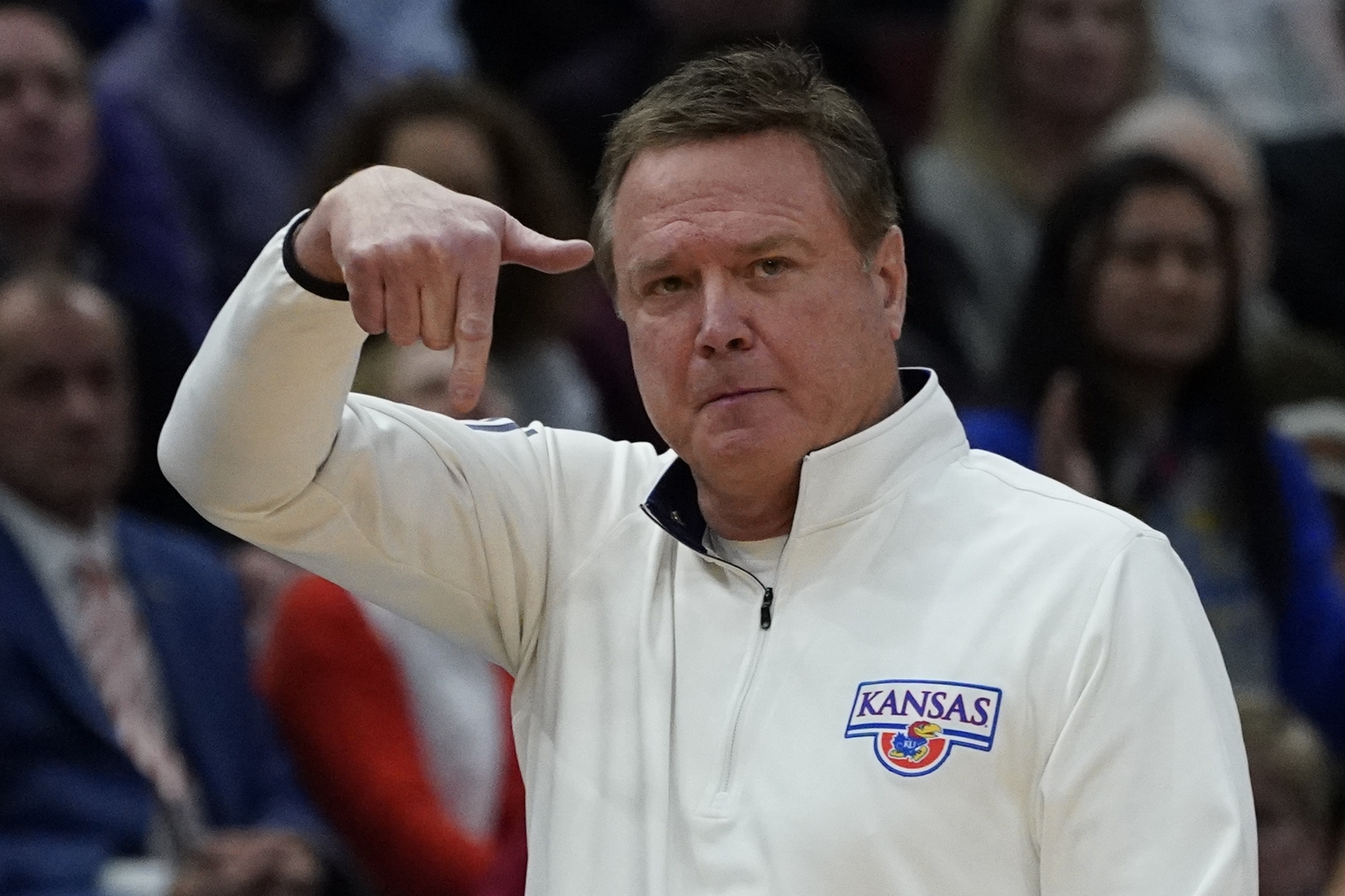 Kansas head coach Bill Self reacts during the second half of a college basketball game against Providence in the Sweet 16 round of the NCAA tournament Friday, March 25, 2022, in Chicago. (AP Photo/Nam Y. Huh)