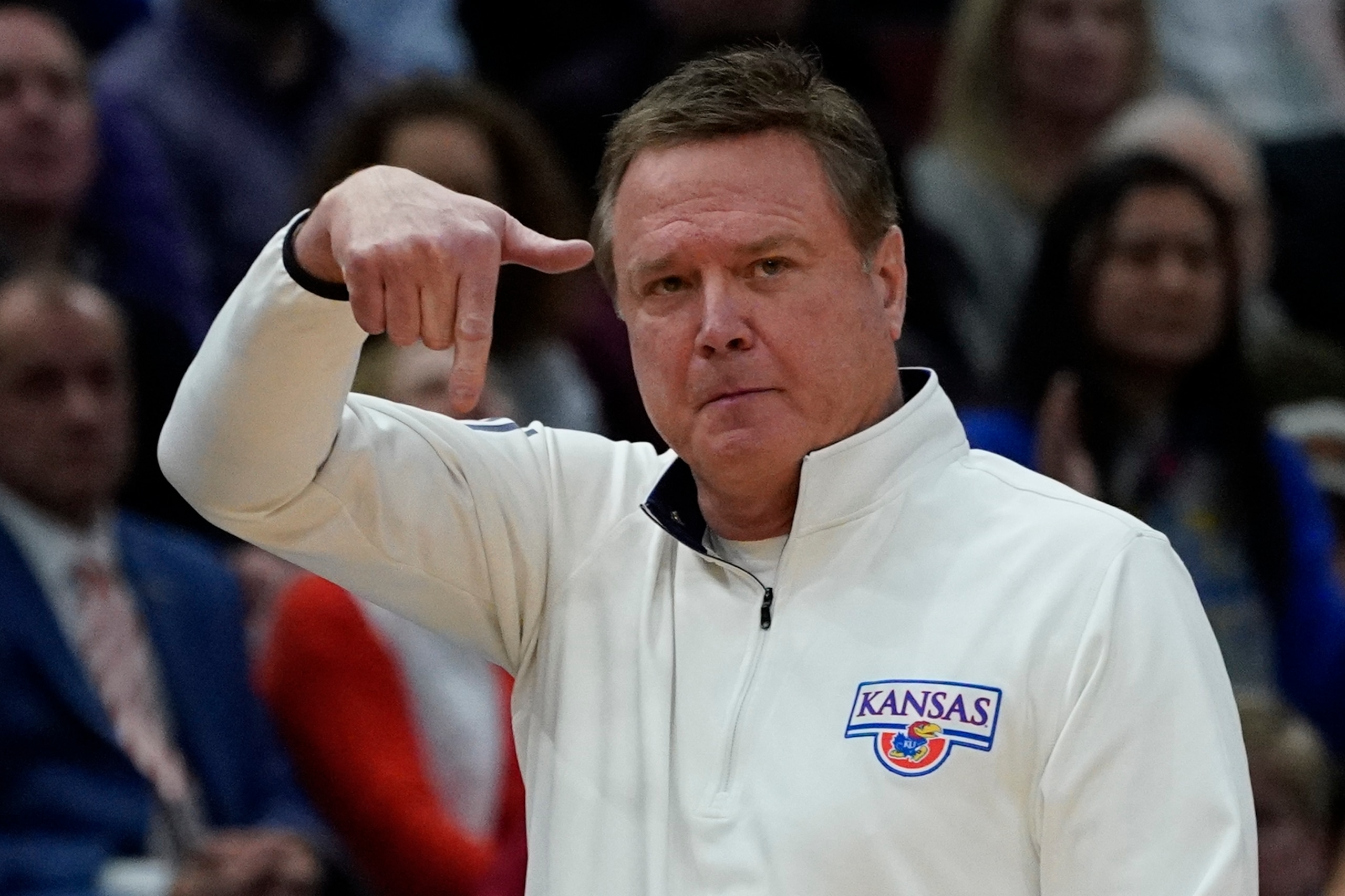 Kansas head coach Bill Self reacts during the second half of a college basketball game against Providence in the Sweet 16 round of the NCAA tournament Friday, March 25, 2022, in Chicago. (AP Photo/Nam Y. Huh)