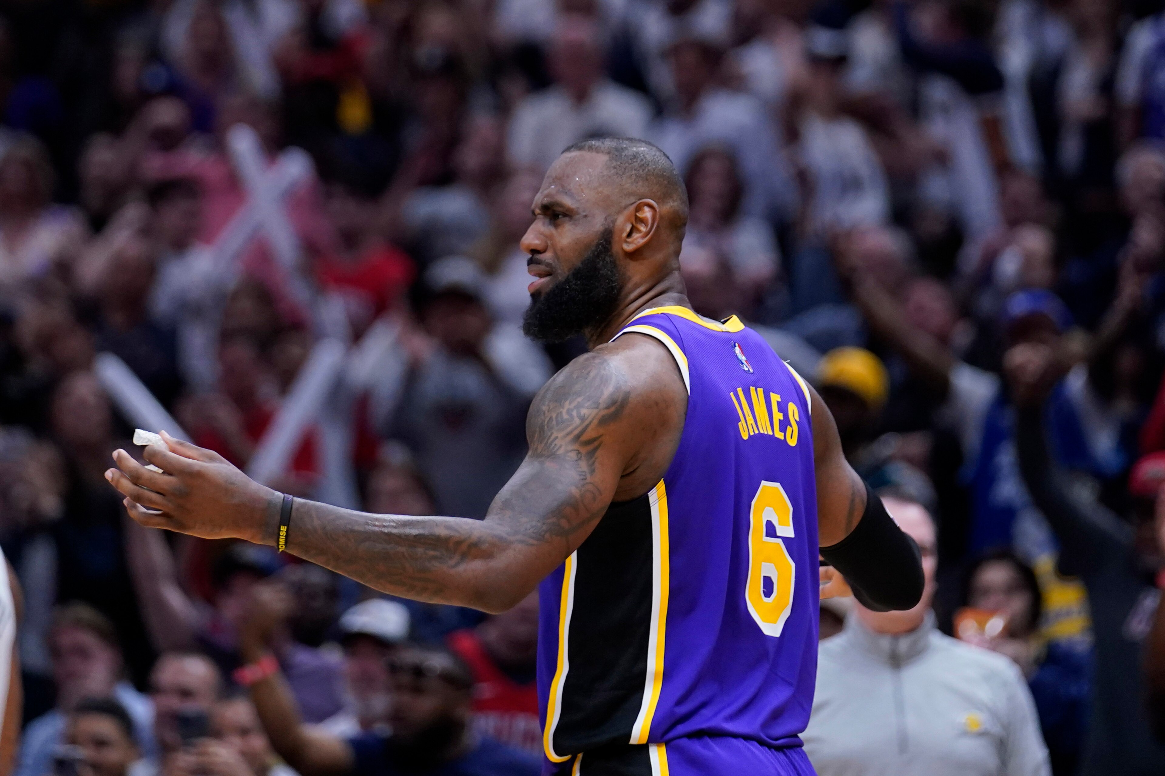 Los Angeles Lakers forward LeBron James (6) reacts after being called for goaltending late in the second half of an NBA basketball game against the New Orleans Pelicans in New Orleans, Sunday, March 27, 2022. The Pelicans won 116-108. (AP Photo/Gerald Herbert) Los Angeles Lakers forward LeBron James (6) reacts after being called for goaltending late in the second half of an NBA basketball game against the New Orleans Pelicans in New Orleans, Sunday, March 27, 2022. The Pelicans won 116-108. (AP Photo/Gerald Herbert)