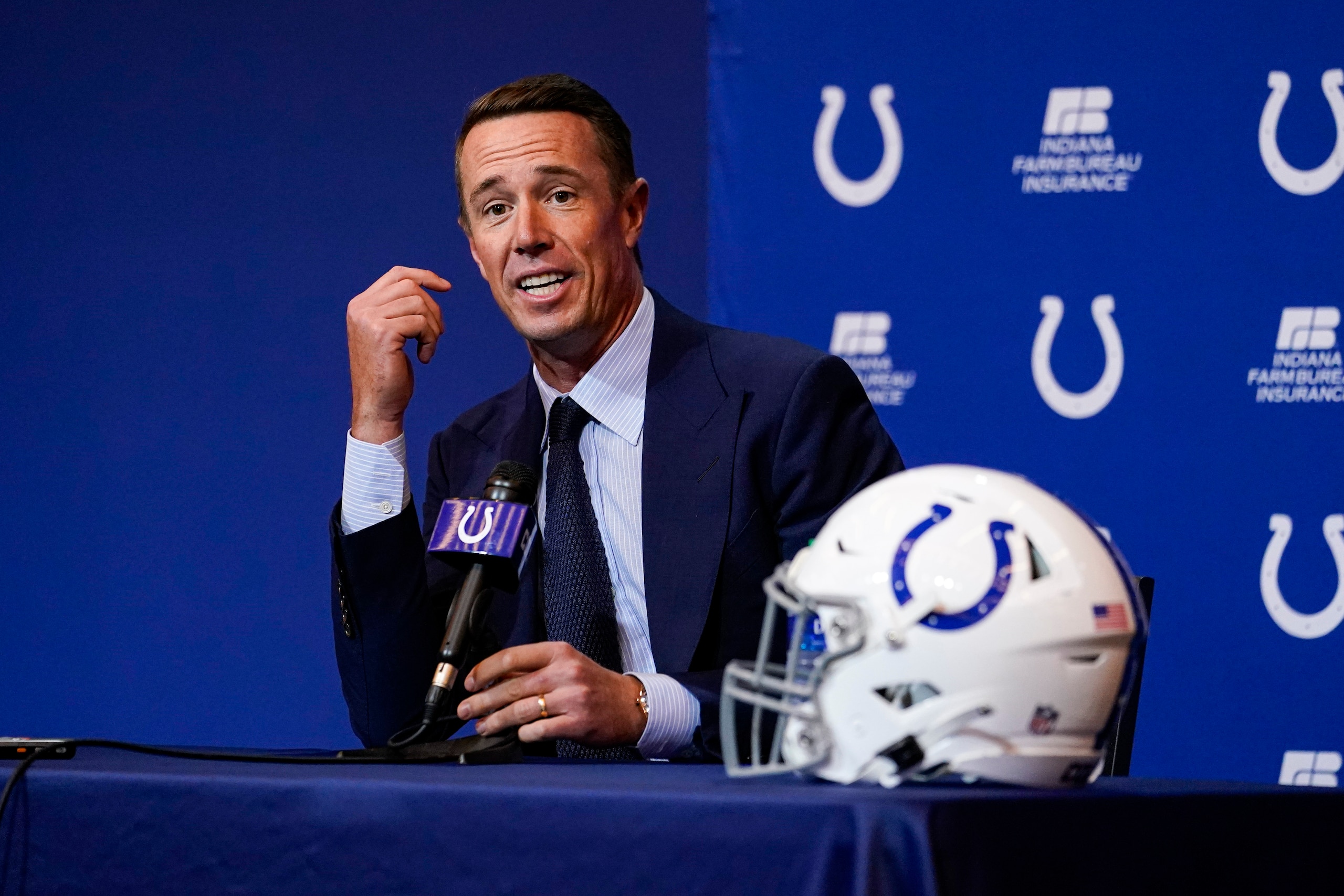 Indianapolis Colts quarterback Matt Ryan speaks during a press conference at the NFL team's practice facility in Indianapolis, Tuesday, March 22, 2022. (AP Photo/Michael Conroy) Indianapolis Colts quarterback Matt Ryan speaks during a press conference at the NFL team's practice facility in Indianapolis, Tuesday, March 22, 2022. (AP Photo/Michael Conroy)