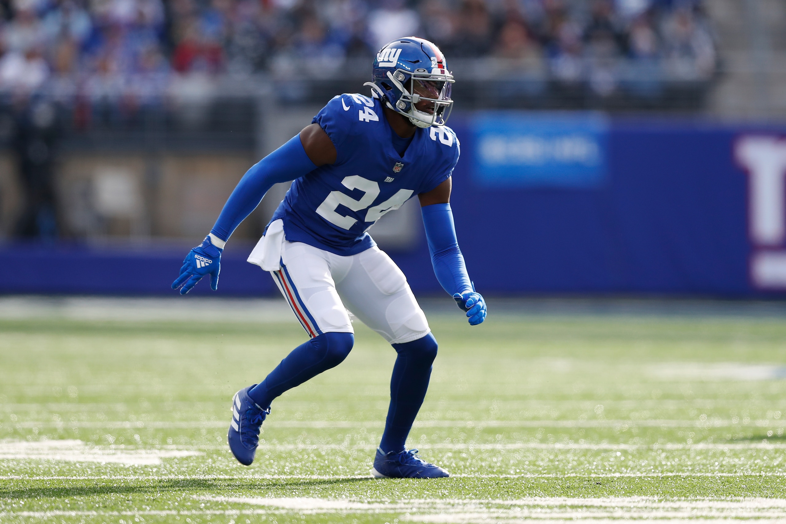 New York Giants cornerback James Bradberry (24) in coverage during an NFL football game against the Las Vegas Raiders, Sunday, Nov. 7, 2021, in East Rutherford. N.J. (AP Photo/Steve Luciano) New York Giants cornerback James Bradberry (24) in coverage during an NFL football game against the Las Vegas Raiders, Sunday, Nov. 7, 2021, in East Rutherford. N.J. (AP Photo/Steve Luciano)