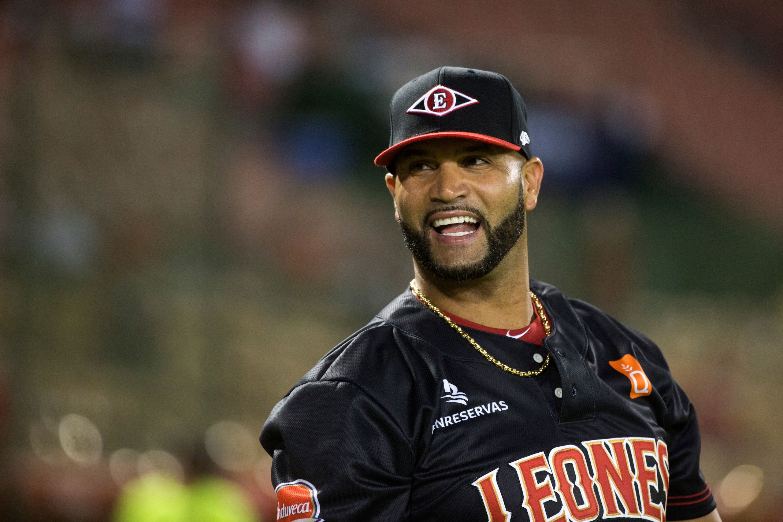 Dominican Albert Pujols of the Leones del Escogido is seen during a Dominican League baseball game against the Toros del Este at the Quisqueya stadium in Santo Domingo, on November 3, 2021. - Pujols made his debut in the league of his country on Sunday. (Photo by Erika SANTELICES / AFP) (Photo by ERIKA SANTELICES/afp/AFP via Getty Images)