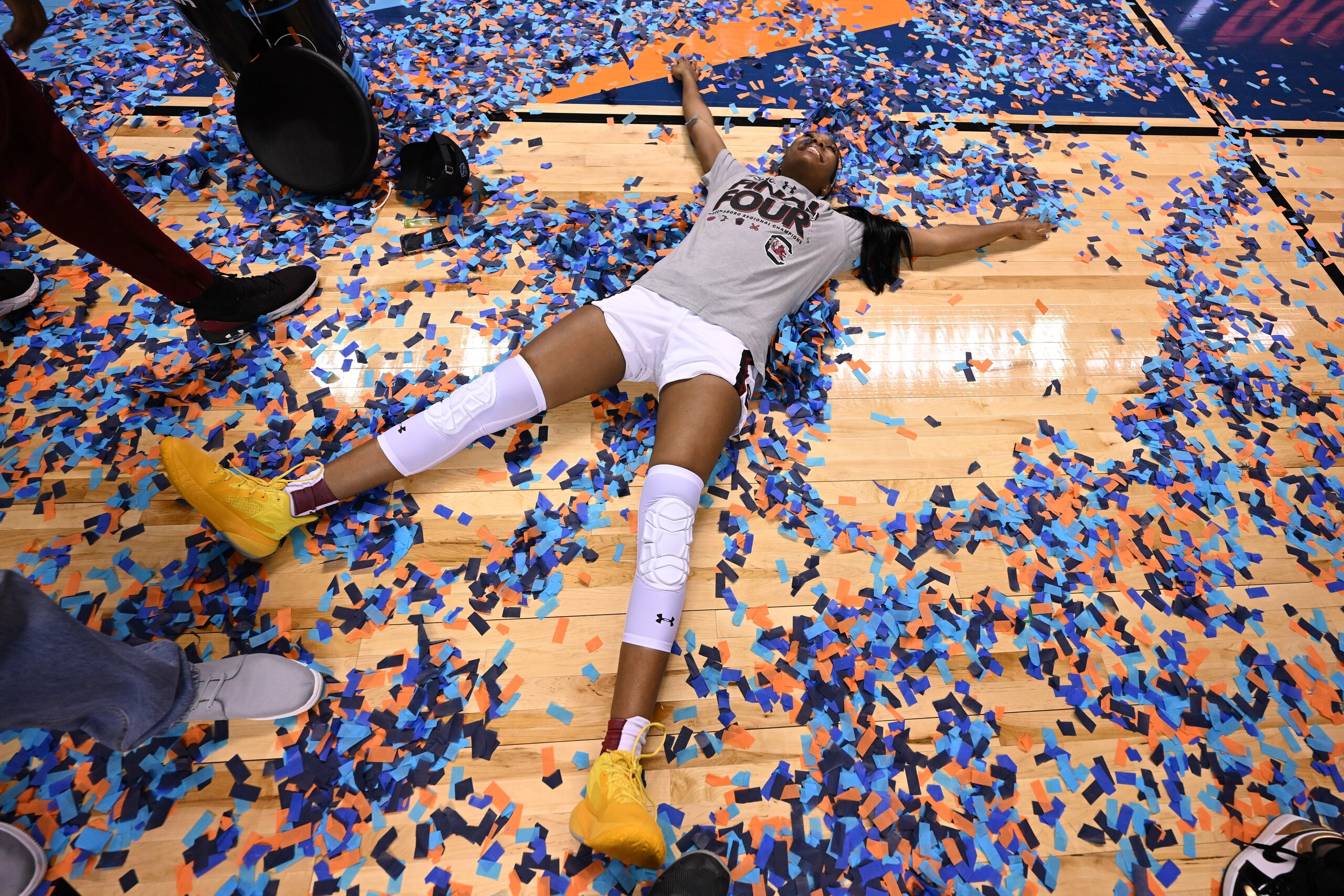GREENSBORO, NC - MARCH 27: The South Carolina Gamecocks celebrate their victory over the Creighton Bluejays during the Elite Eight round of the 2022 NCAA Womens Basketball Tournament held at the Greensboro Coliseum Complex on March 27, 2022 in Greensboro, North Carolina. (Photo by Grant Halverson/NCAA Photos via Getty Images)