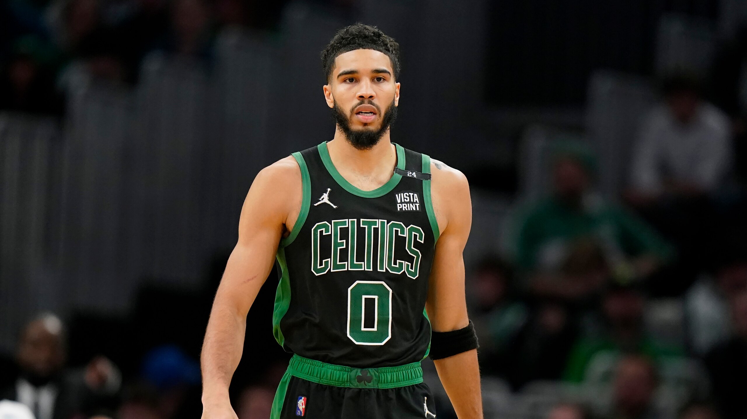Boston Celtics forward Jayson Tatum (0) in the second half of an NBA basketball game, Sunday, March 27, 2022, in Boston. (AP Photo/Steven Senne)