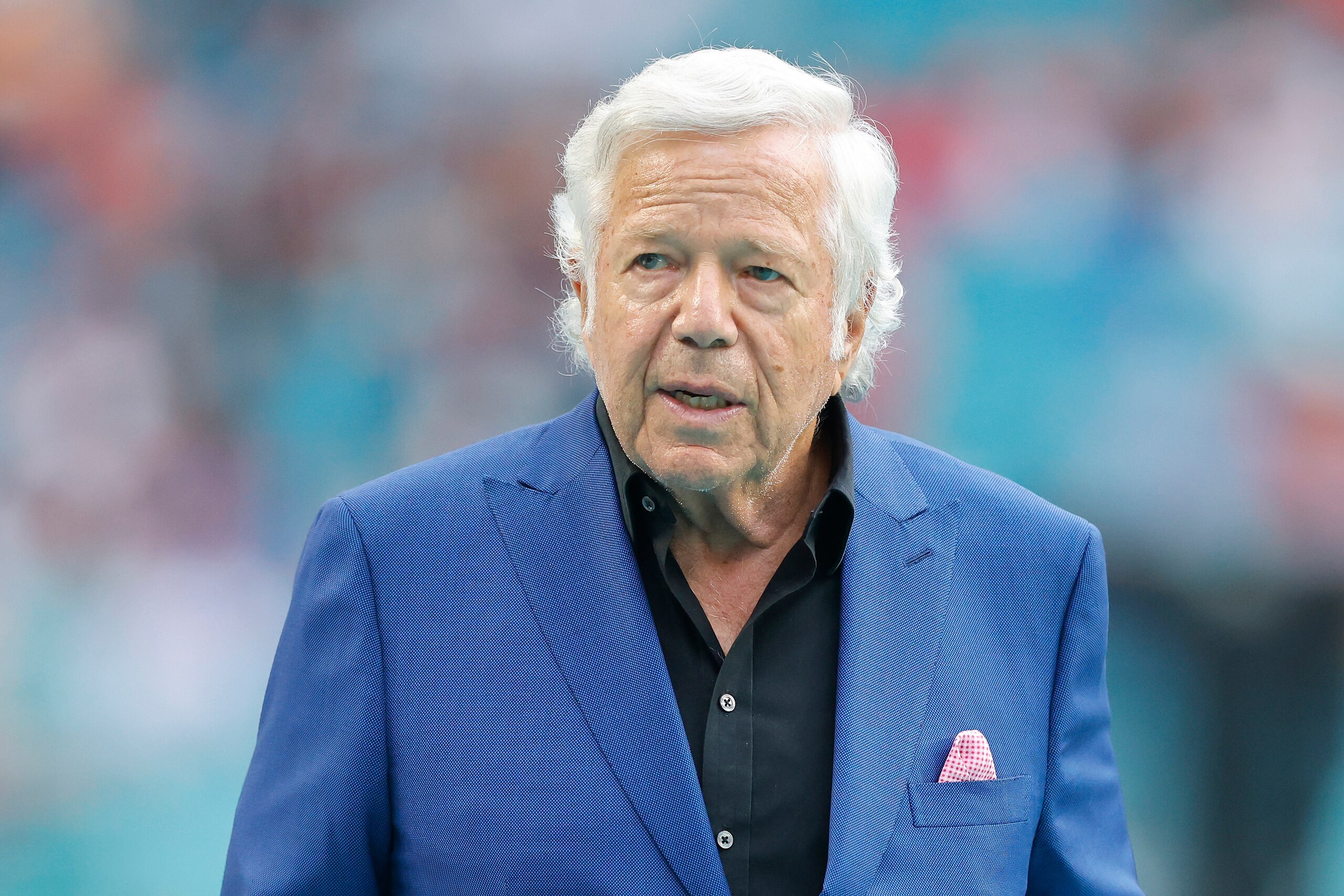 MIAMI GARDENS, FLORIDA - JANUARY 09: Owner Robert Kraft of the New England Patriots looks on prior to the game against the Miami Dolphins at Hard Rock Stadium on January 09, 2022 in Miami Gardens, Florida. (Photo by Michael Reaves/Getty Images)