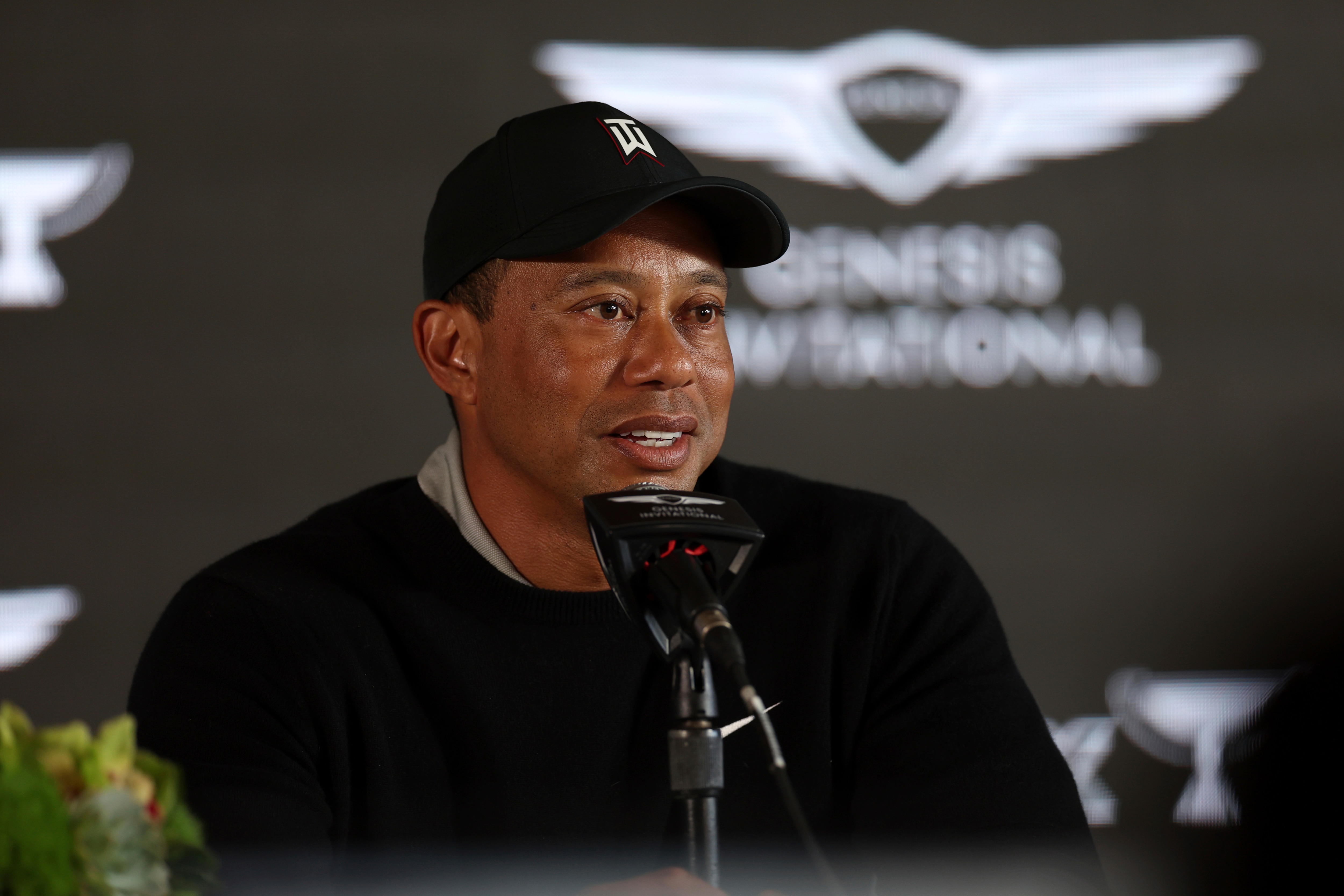 Tiger Woods speaks during a news conference at Riviera Country Club, Wednesday, Feb. 16, 2022, in the Pacific Palisades area of Los Angeles. (AP Photo/Ryan Kang)