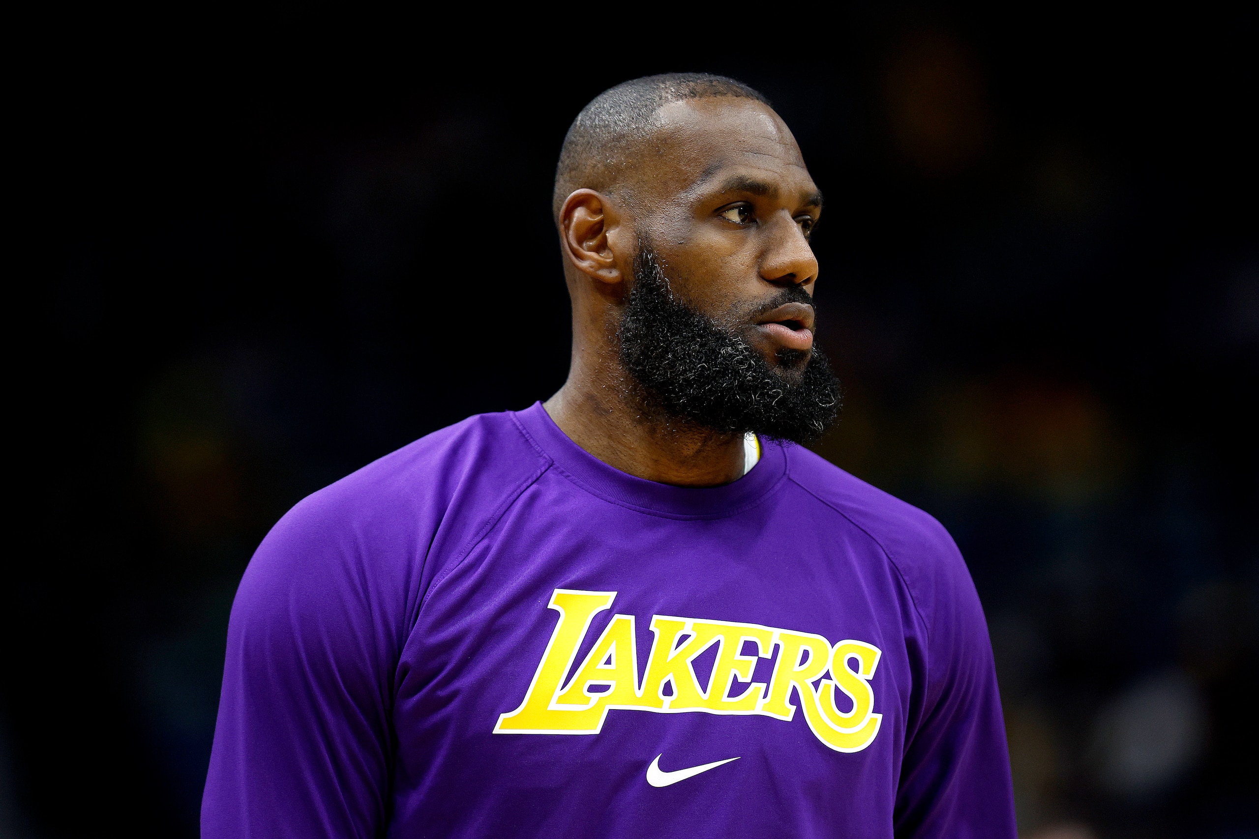 NEW ORLEANS, LOUISIANA - MARCH 27: LeBron James #6 of the Los Angeles Lakers stands on the court prior to the start of an NBA game against the New Orleans Pelicans at Smoothie King Center on March 27, 2022 in New Orleans, Louisiana. NOTE TO USER: User expressly acknowledges and agrees that, by downloading and or using this photograph, User is consenting to the terms and conditions of the Getty Images License Agreement. (Photo by Sean Gardner/Getty Images)