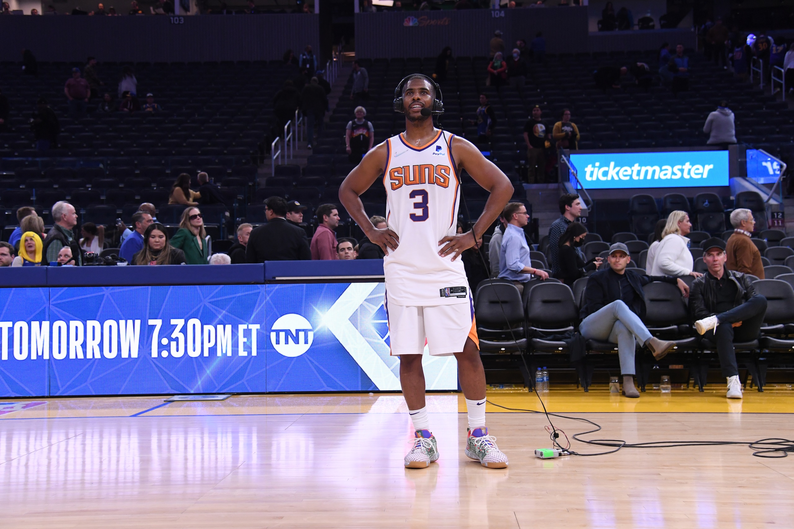 SAN FRANCISCO, CA - MARCH 30: Chris Paul #3 of the Phoenix Suns interviews after the game against the Golden State Warriors on MARCH 30, 2022 at Chase Center in San Francisco, California. NOTE TO USER: User expressly acknowledges and agrees that, by downloading and or using this photograph, user is consenting to the terms and conditions of Getty Images License Agreement. Mandatory Copyright Notice: Copyright 2022 NBAE (Photo by Noah Graham/NBAE via Getty Images)