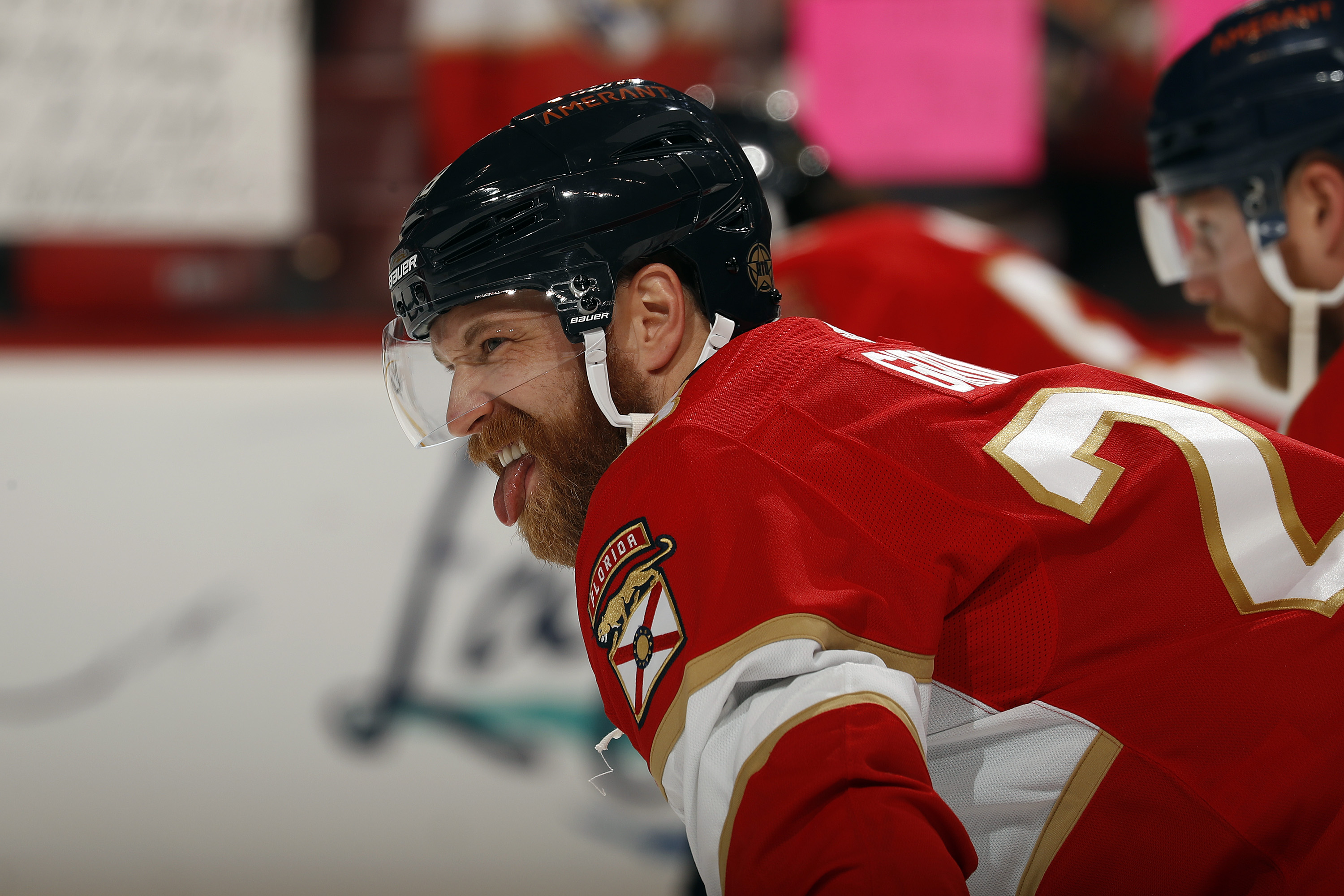 SUNRISE, FL - MARCH 31: Claude Giroux #28 of the Florida Panthers has a laugh on the ice prior to the start of the game against the Chicago Blackhawks at the FLA Live Arena on March 31, 2022 in Sunrise, Florida. (Photo by Eliot J. Schechter/NHLI via Getty Images)