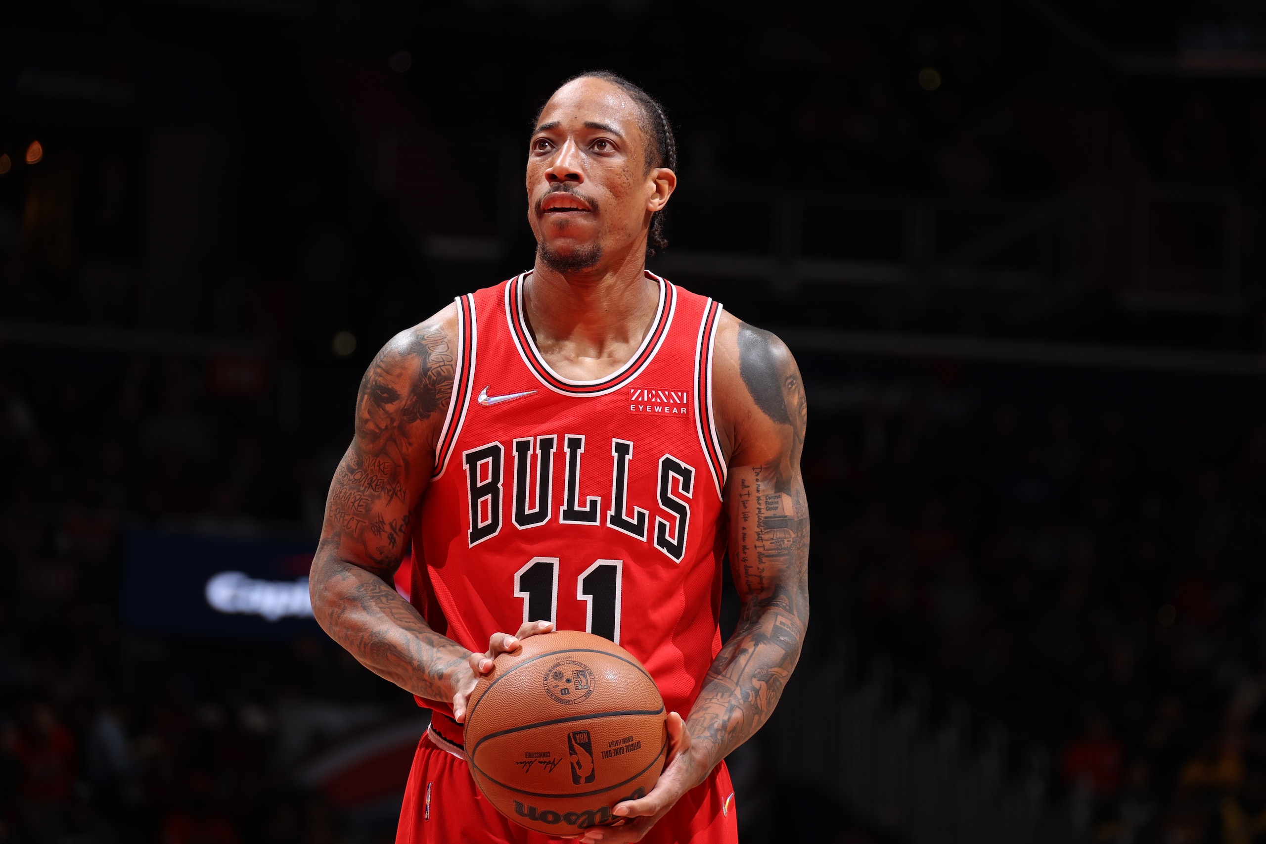 WASHINGTON, DC - MARCH 29: DeMar DeRozan #11 of the Chicago Bulls prepares to shoot a free throw during the game on March 29, 2022 at Capital One Arena in Washington, DC. NOTE TO USER: User expressly acknowledges and agrees that, by downloading and or using this Photograph, user is consenting to the terms and conditions of the Getty Images License Agreement. Mandatory Copyright Notice: Copyright 2022 NBAE (Photo by Stephen Gosling/NBAE via Getty Images)