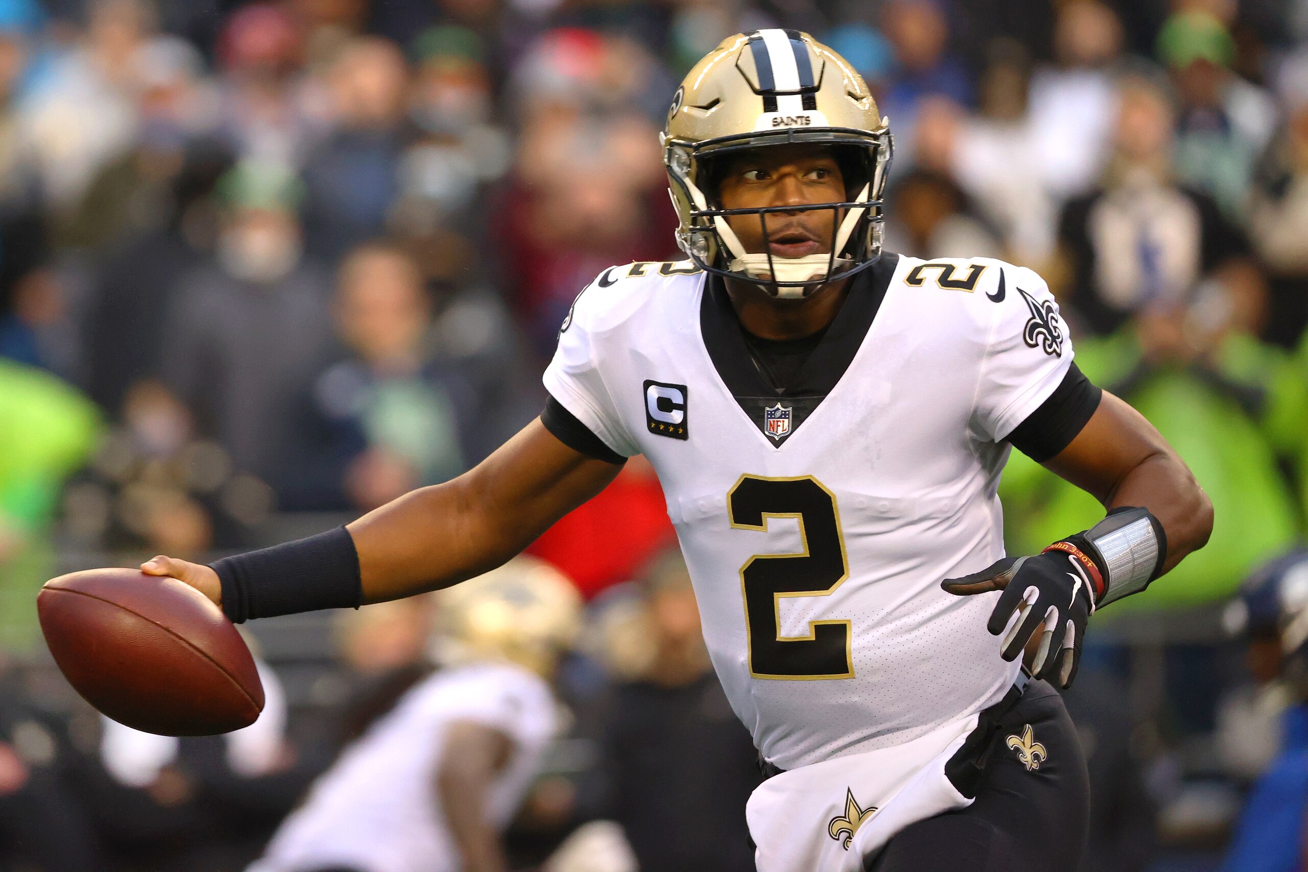 SEATTLE, WASHINGTON - OCTOBER 25: Jameis Winston #2 of the New Orleans Saints looks to throw the ball against the Seattle Seahawks during the first quarter at Lumen Field on October 25, 2021 in Seattle, Washington. (Photo by Abbie Parr/Getty Images) SEATTLE, WASHINGTON - OCTOBER 25: Jameis Winston #2 of the New Orleans Saints looks to throw the ball against the Seattle Seahawks during the first quarter at Lumen Field on October 25, 2021 in Seattle, Washington. (Photo by Abbie Parr/Getty Images)