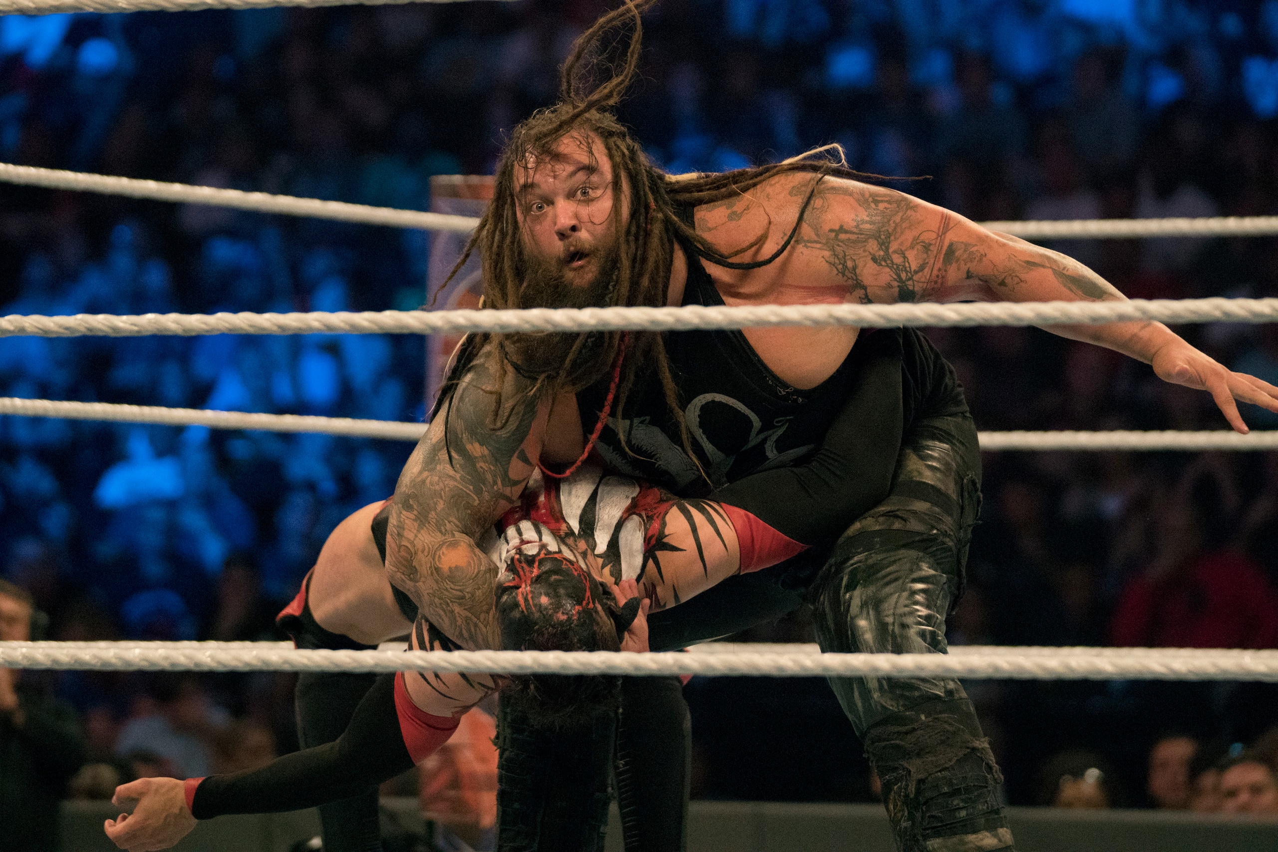 Professional Wrestling: WWE SummerSlam: Bray Wyatt (top) in action vs Finn Balor during match at Barclays Center.
Brooklyn, NY 8/20/2017
CREDIT: Chad Matthew Carlson (Photo by Chad Matthew Carlson /Sports Illustrated via Getty Images)
(Set Number: X161332 TK1 ) Professional Wrestling: WWE SummerSlam: Bray Wyatt (top) in action vs Finn Balor during match at Barclays Center.
Brooklyn, NY 8/20/2017
CREDIT: Chad Matthew Carlson (Photo by Chad Matthew Carlson /Sports Illustrated via Getty Images)
(Set Number: X161332 TK1 )