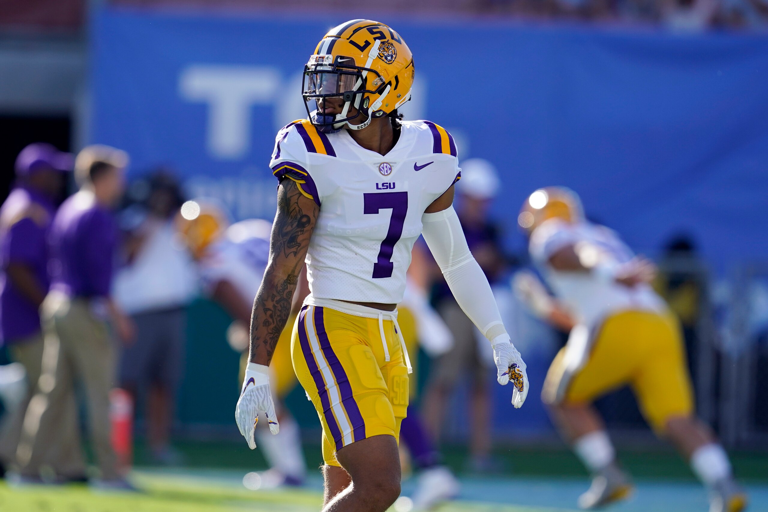 LSU cornerback Derek Stingley Jr. (7) warms up before an NCAA college football game against UCLA Saturday, Sept. 4, 2021, in Pasadena, Calif. (AP Photo/Marcio Jose Sanchez)