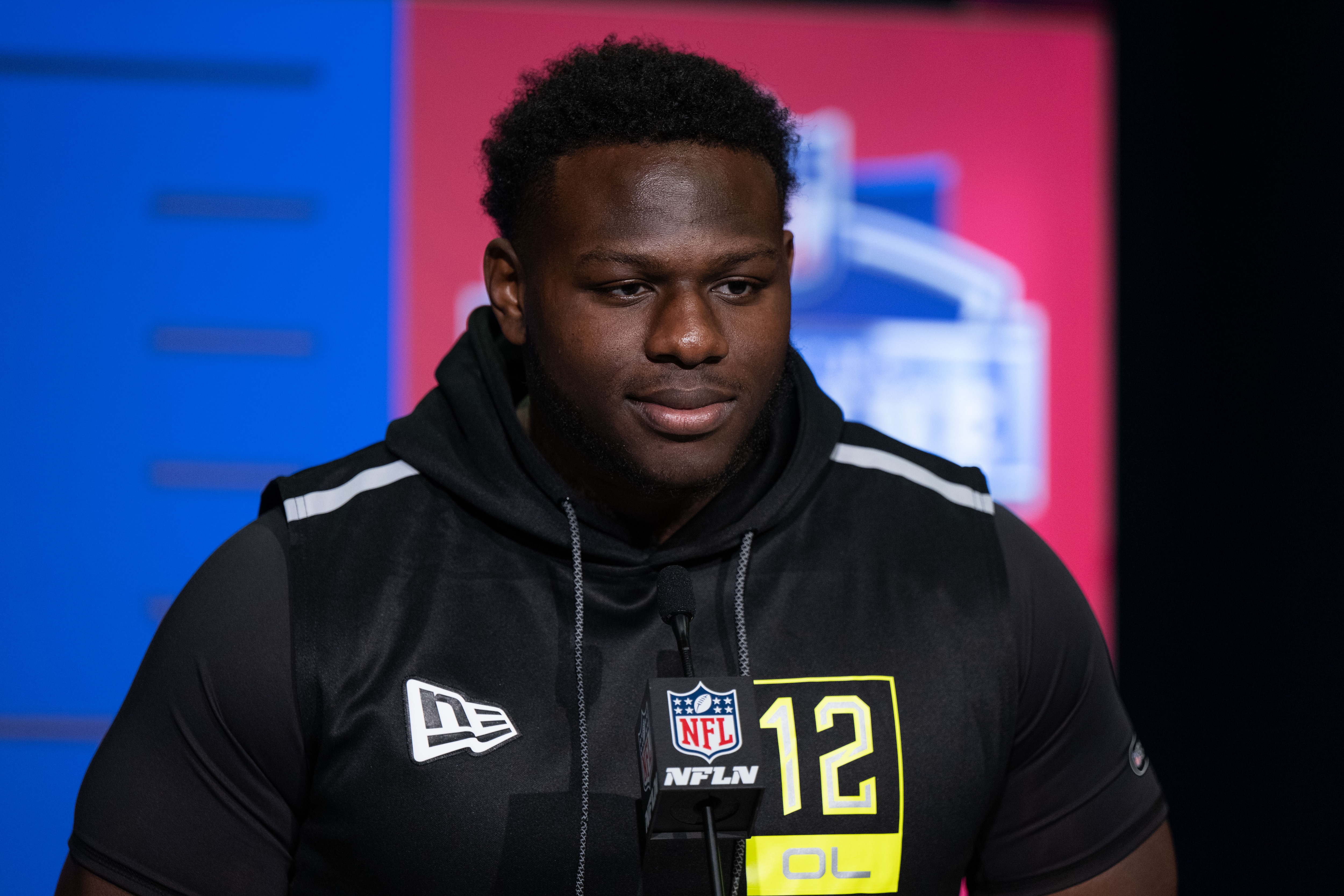 INDIANAPOLIS, IN - MARCH 03: N.C. State offensive lineman Ickey Ekwonu answers questions from the media during the NFL Scouting Combine on March 3, 2022, at the Indiana Convention Center in Indianapolis, IN. (Photo by Zach Bolinger/Icon Sportswire via Getty Images)