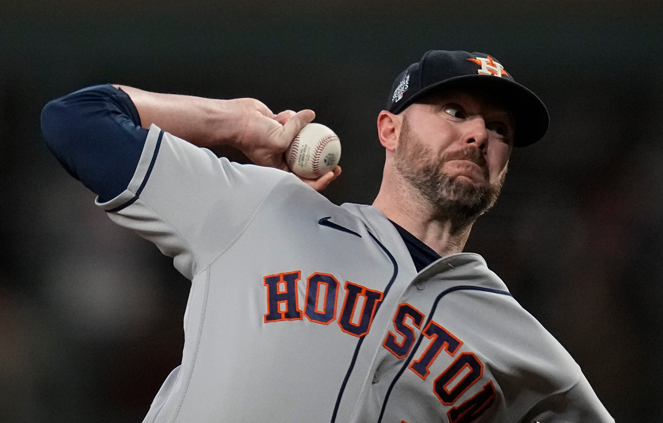 Houston Astros relief pitcher Ryan Pressly throws during the seventh inning in Game 4 of baseball's World Series between the Houston Astros and the Atlanta Braves Saturday, Oct. 30, 2021, in Atlanta. (AP Photo/Ashley Landis)