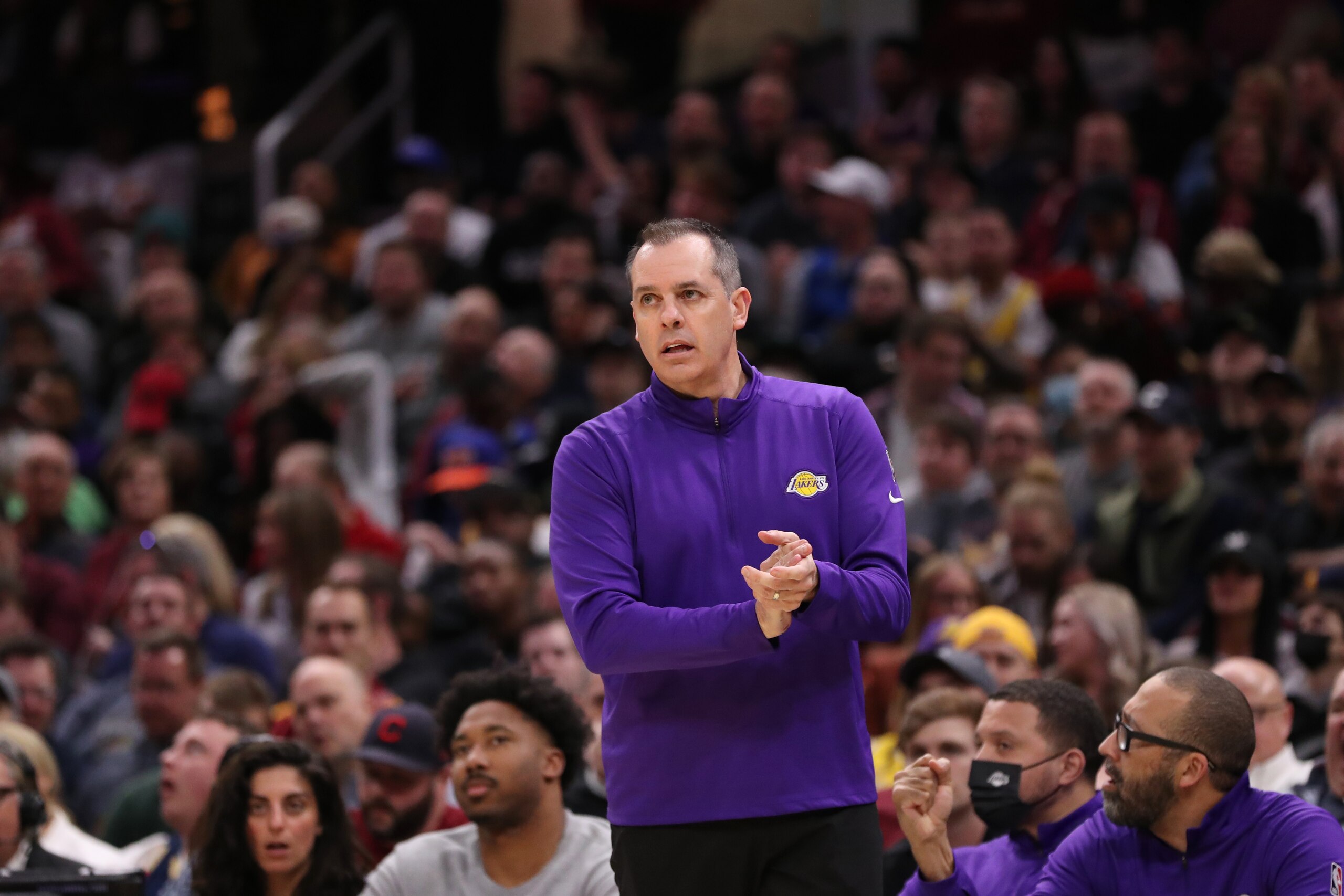 CLEVELAND, OH - MARCH 21: Head Coach Frank Vogel of the Los Angeles Lakers looks on during the game against the Cleveland Cavaliers on March 21, 2022 at Rocket Mortgage FieldHouse in Cleveland, Ohio. NOTE TO USER: User expressly acknowledges and agrees that, by downloading and/or using this Photograph, user is consenting to the terms and conditions of the Getty Images License Agreement. Mandatory Copyright Notice: Copyright 2022 NBAE (Photo by  Lauren Bacho/NBAE via Getty Images)