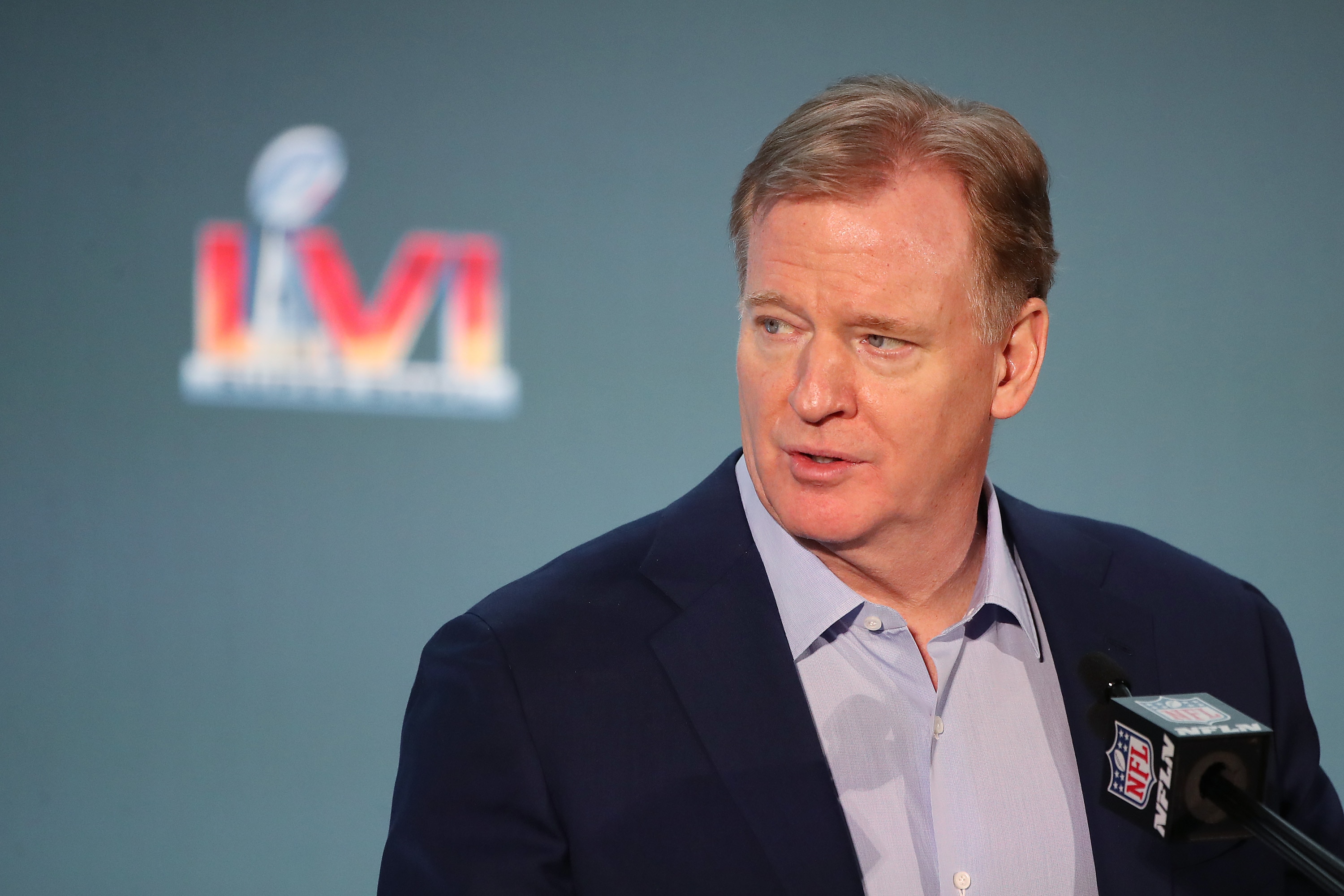 LOS ANGELES, CALIFORNIA - FEBRUARY 14: NFL Commissioner Roger Goodell speaks to the media during the Super Bowl LVI head coach and MVP press conference at Los Angeles Convention Center on February 14, 2022 in Los Angeles, California. (Photo by Katelyn Mulcahy/Getty Images)