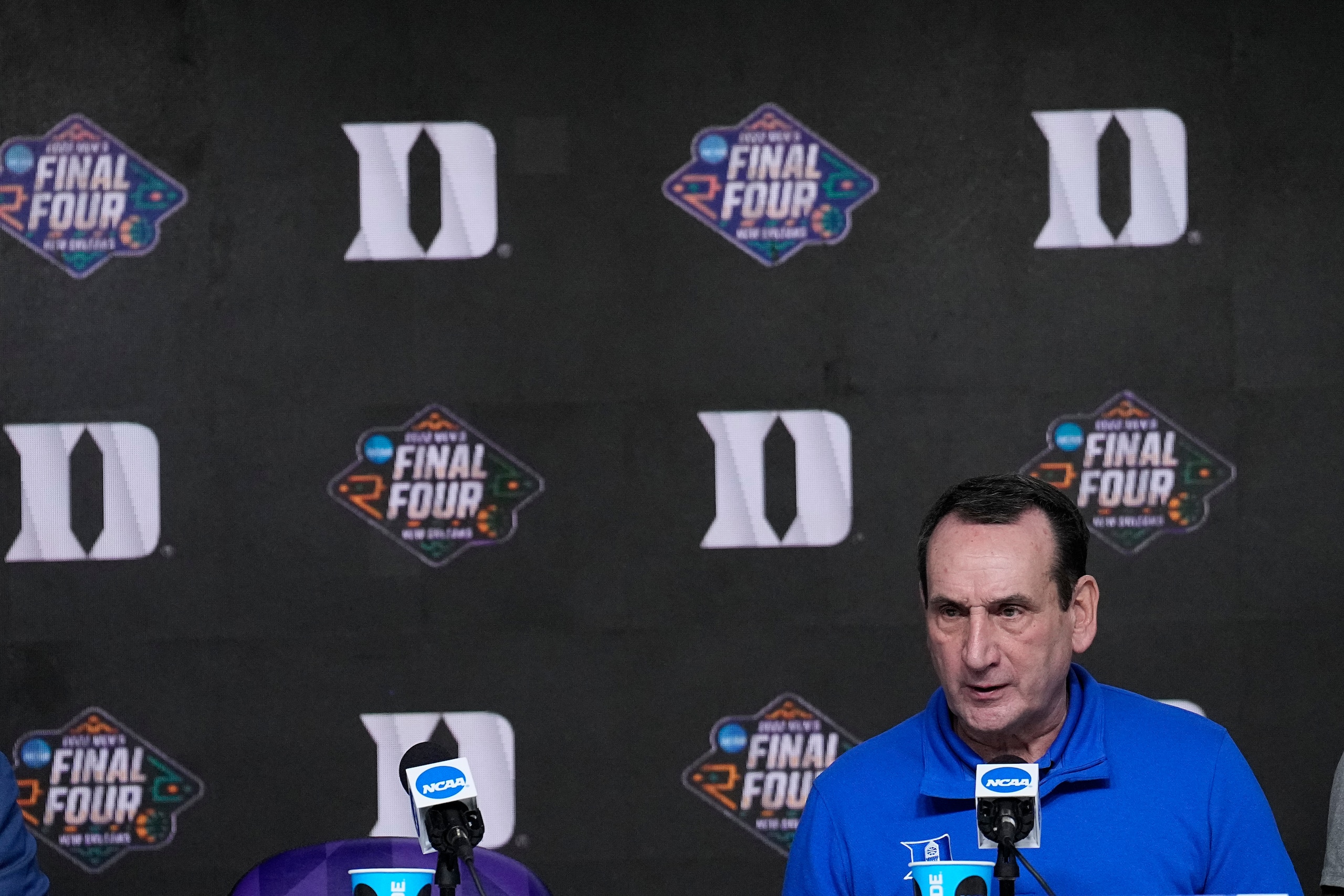 Duke head coach Mike Krzyzewski speaks during a news conference after a college basketball game, against North Carolina in the semifinal round of the Men's Final Four NCAA tournament, Saturday, April 2, 2022, in New Orleans. North Carolina won 81-77. (AP Photo/Brynn Anderson)