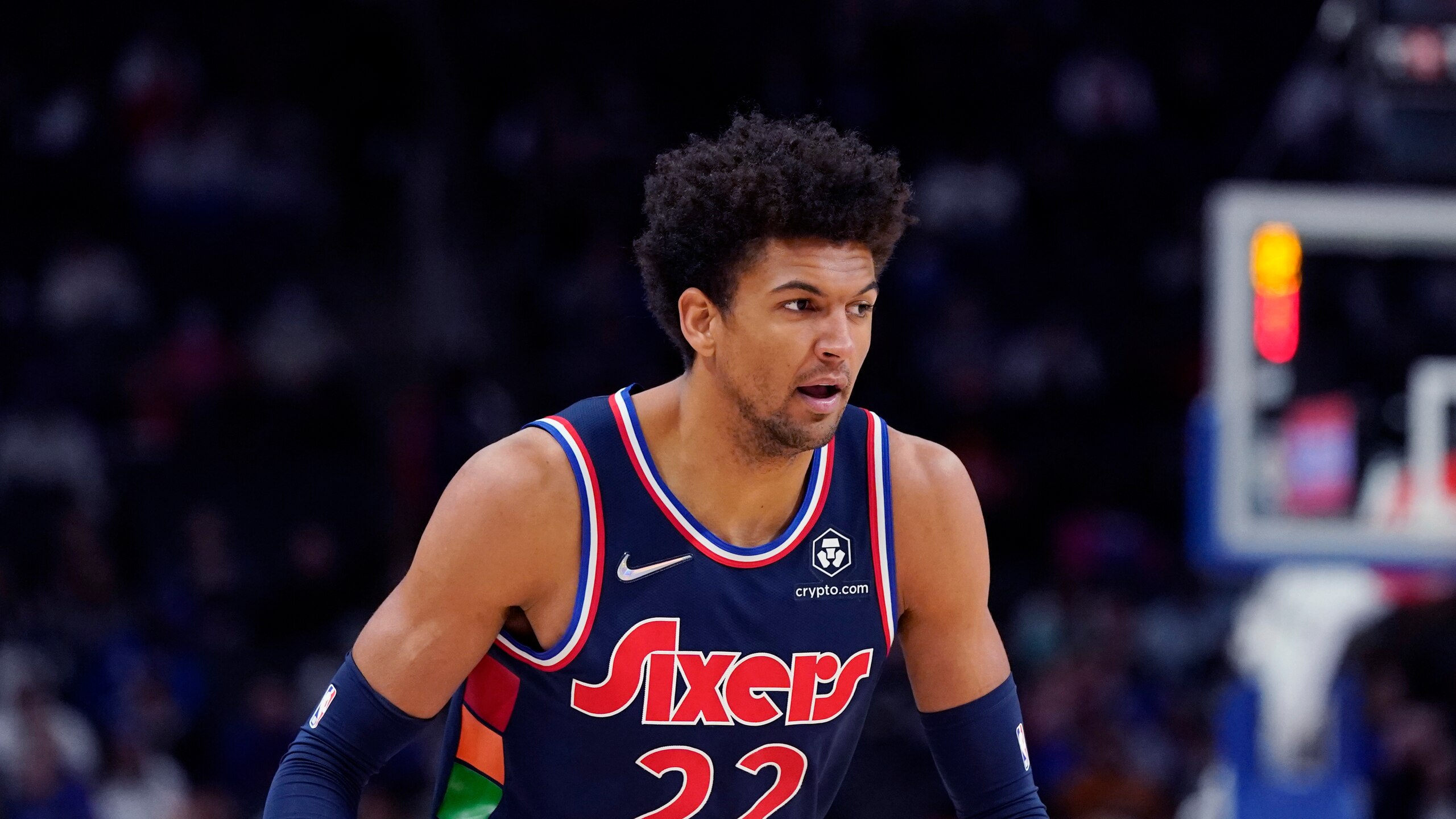 Philadelphia 76ers guard Matisse Thybulle plays during the first half of an NBA basketball game, Thursday, March 31, 2022, in Detroit. (AP Photo/Carlos Osorio)