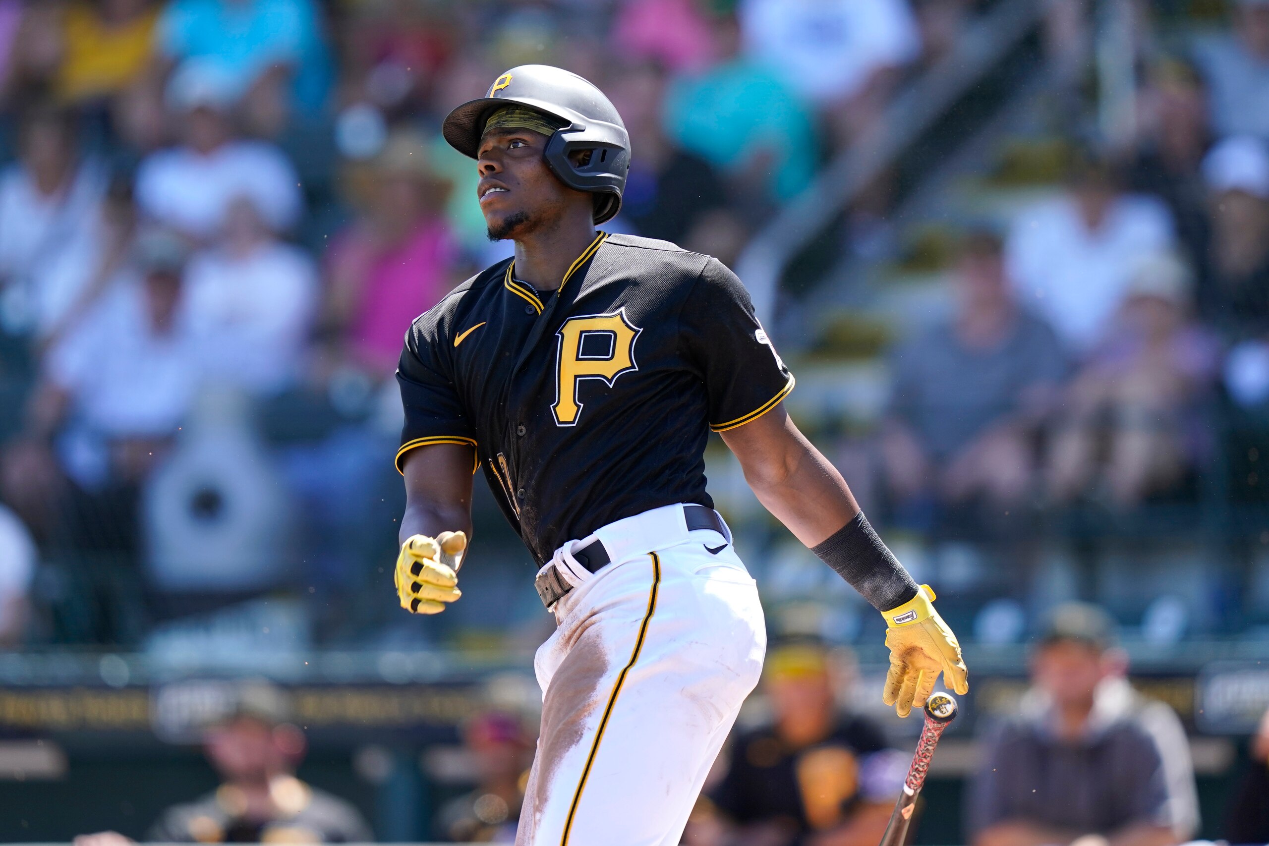 Pittsburgh Pirates' Ke'Bryan Hayes bats during the first inning of a spring training baseball game against the Baltimore Orioles, Tuesday, March 22, 2022, in Bradenton, Fla. (AP Photo/Lynne Sladky)