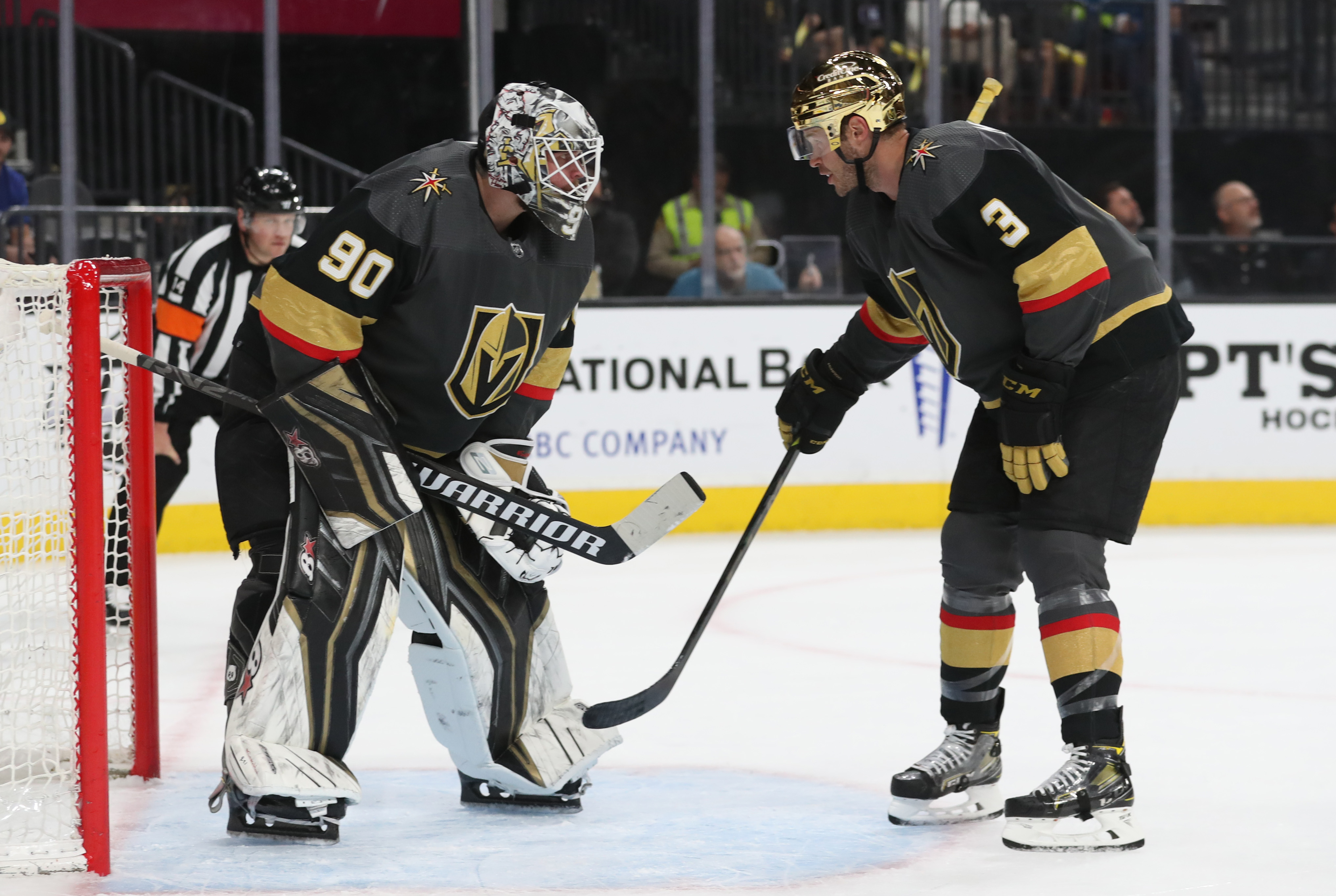 Vegas Golden Knights defenseman Alec Martinez, center, celebrates his goal  with center Jack Eichel, left, left wing William Carrier, second right, and  defenseman Alex Pietrangelo (7) during the second period in Game