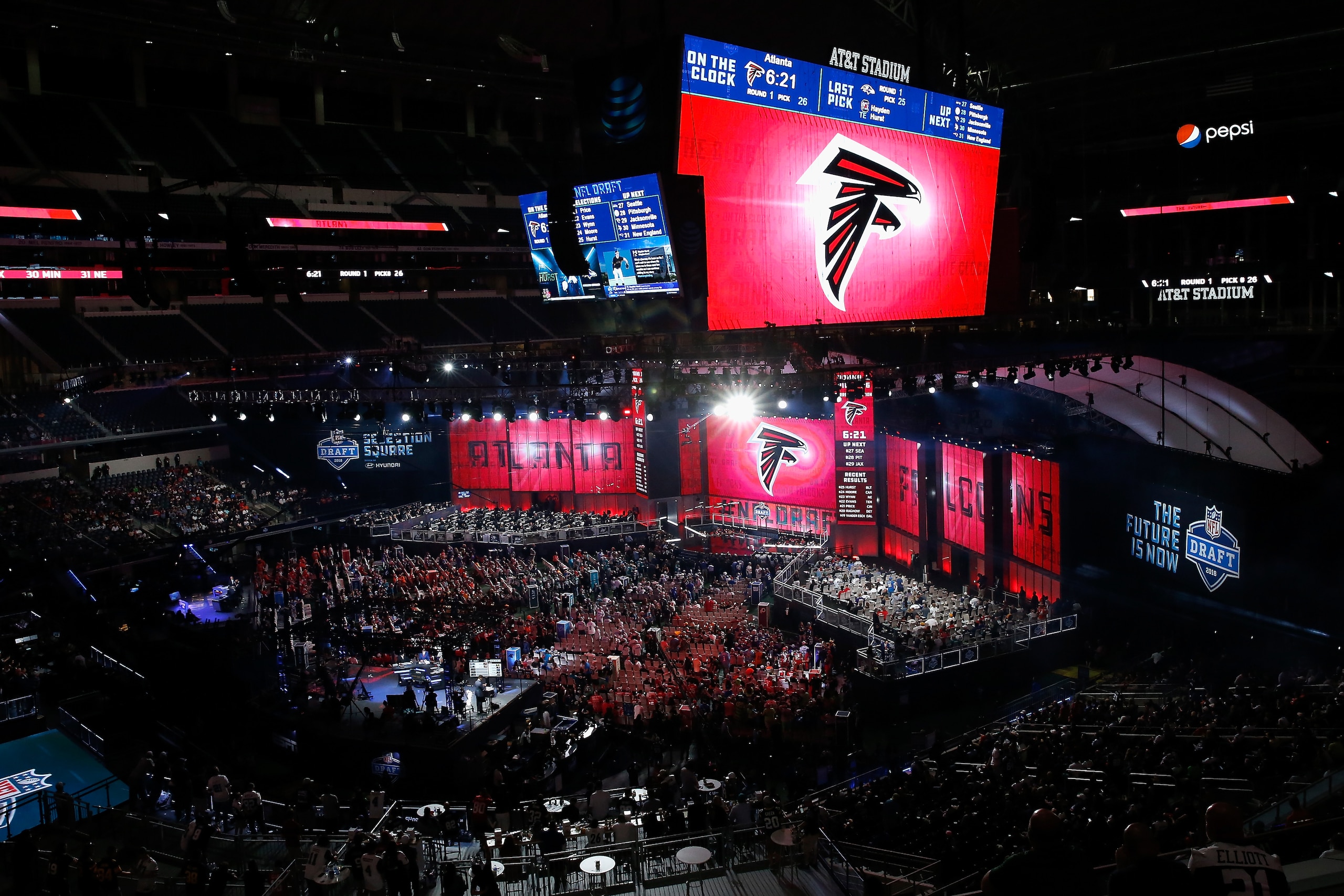 ARLINGTON, TX - APRIL 26:  The Atlanta Falcons logo is seen on a video board during the first round of the 2018 NFL Draft at AT&T Stadium on April 26, 2018 in Arlington, Texas.  (Photo by Tim Warner/Getty Images)