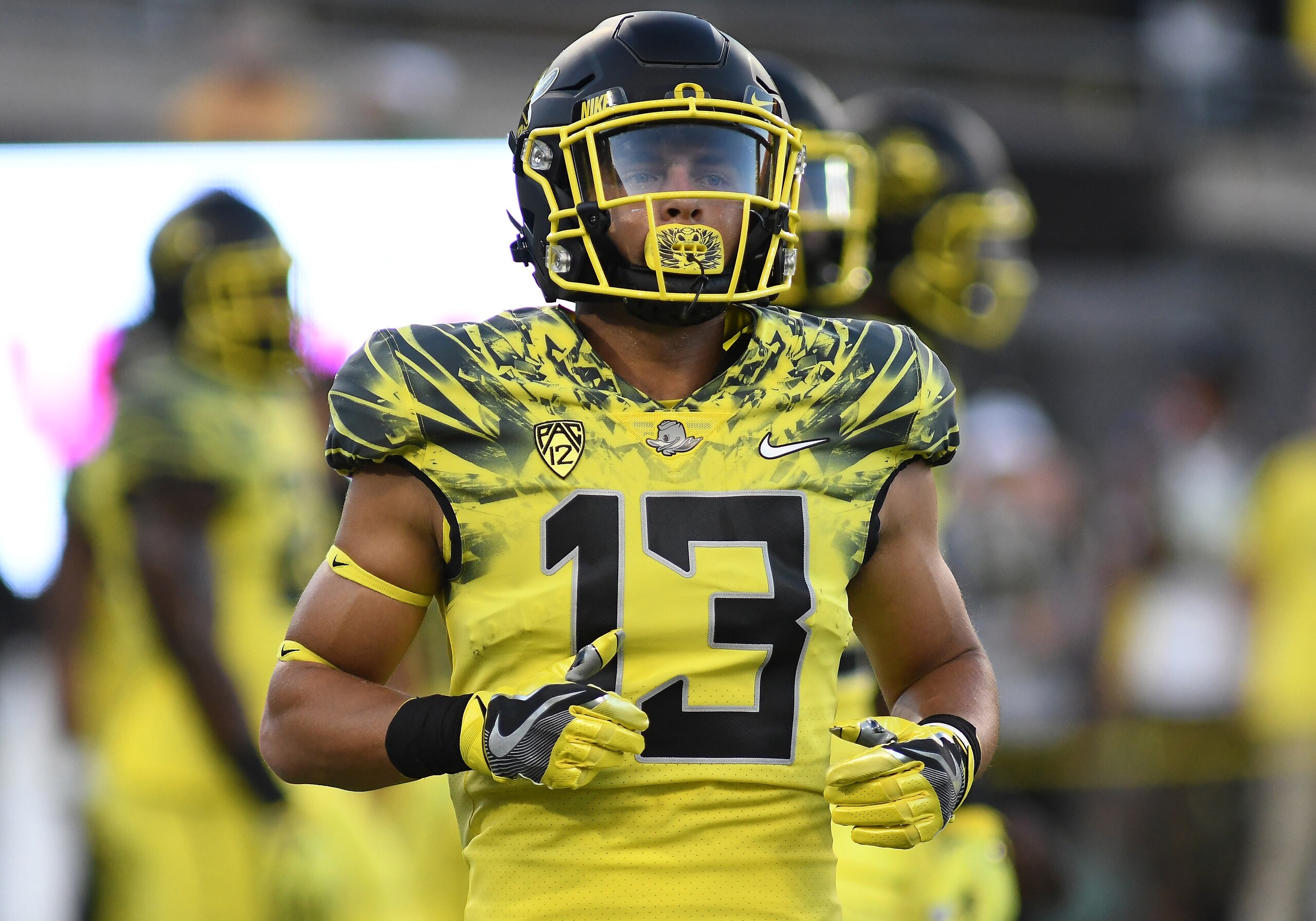 September 10, 2016  - University of Oregon WR Devon Allen (13) during an NCAA football game between the University of Oregon Ducks and University of Virginia Cavaliers at Autzen Stadium in Eugene, Oregon.  (Photo by Brian Murphy/Icon Sportswire via Getty Images)