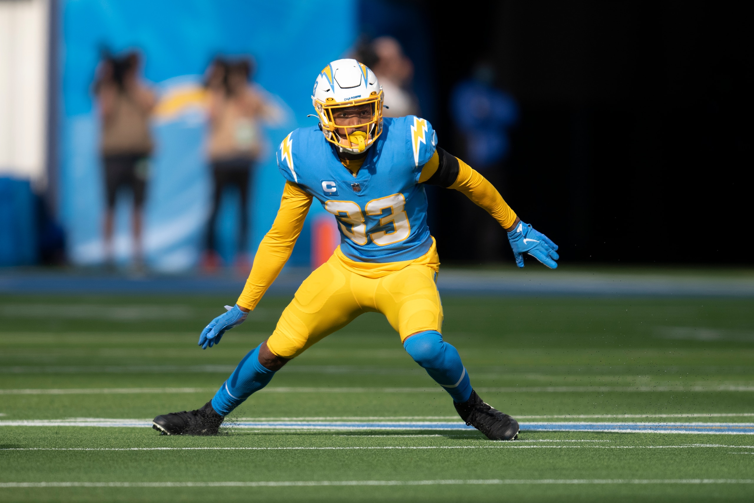 Los Angeles Chargers free safety Derwin James (33) takes his stance during an NFL football game against the Denver Broncos Sunday, Jan. 2, 2022, in Inglewood, Calif. (AP Photo/Kyusung Gong) Los Angeles Chargers free safety Derwin James (33) takes his stance during an NFL football game against the Denver Broncos Sunday, Jan. 2, 2022, in Inglewood, Calif. (AP Photo/Kyusung Gong)