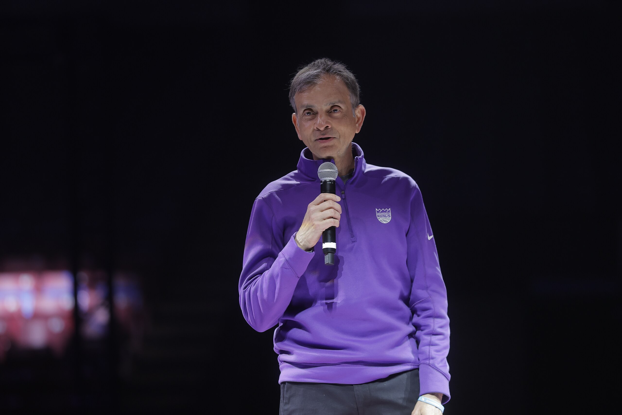 SACRAMENTO, CA - MARCH 19: Owner and Chairman of the Sacramento Kings, Vivek Ranadive says a few words as the Sacramento Kings say goodbye to Arco Arena on March 19, 2022 at the Arco Arena in Sacramento, California. NOTE TO USER: User expressly acknowledges and agrees that, by downloading and/or using this Photograph, user is consenting to the terms and conditions of the Getty Images License Agreement. Mandatory Copyright Notice: Copyright 2022 NBAE (Photo by Rocky Widner/NBAE via Getty Images)