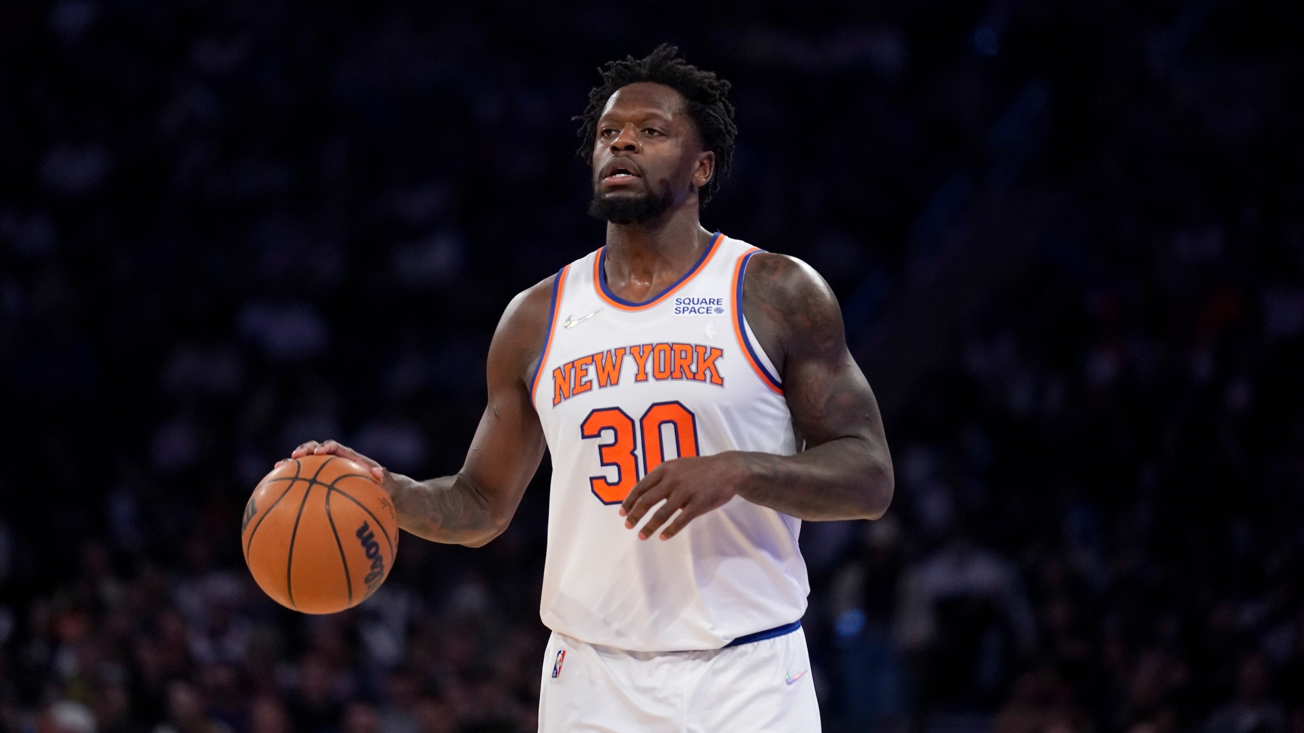 New York Knicks' Julius Randle during the first half of an NBA basketball game against the Utah Jazz, Sunday, March 20, 2022, in New York. (AP Photo/Seth Wenig)