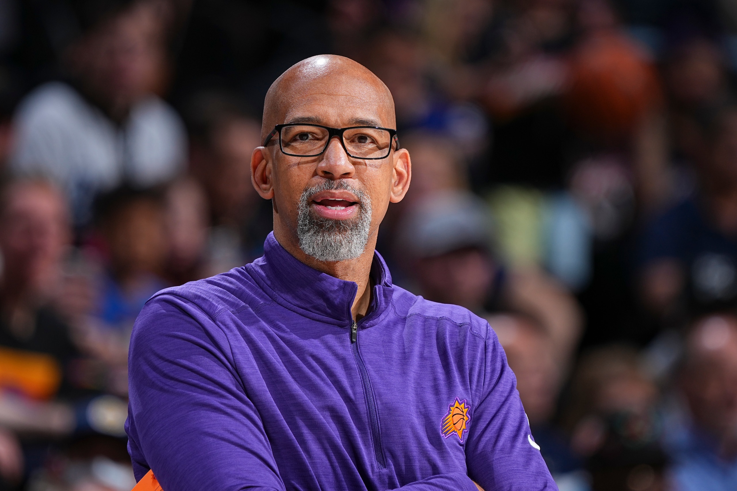 DENVER, CO - MARCH 24: Head Coach Monty Williams of the Phoenix Suns looks on during the game against the Denver Nuggets on March 24, 2022 at the Ball Arena in Denver, Colorado. NOTE TO USER: User expressly acknowledges and agrees that, by downloading and/or using this Photograph, user is consenting to the terms and conditions of the Getty Images License Agreement. Mandatory Copyright Notice: Copyright 2022 NBAE (Photo by Garrett Ellwood/NBAE via Getty Images)